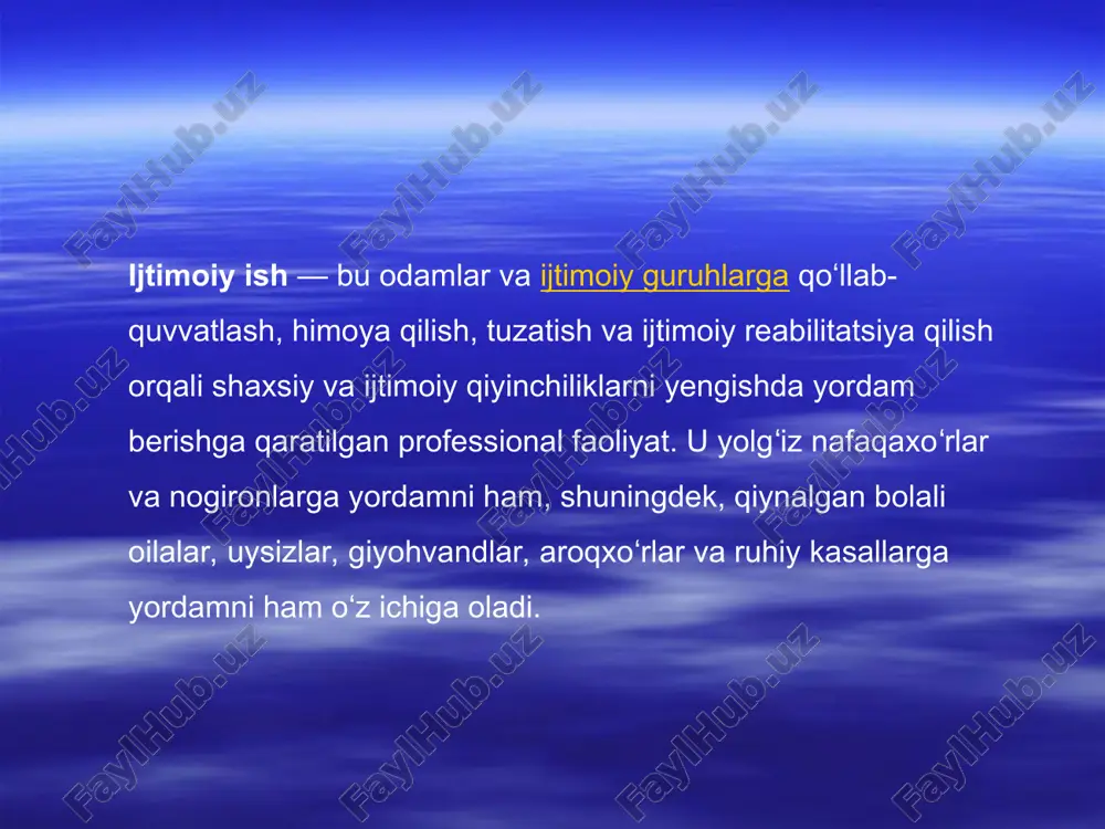 a qilishga yo’naltirilgan faoliyat. ijtimoiy xizmat ko’rsatish tegishli ijtimoiy xizmatlar (davlat, munitsipal, xususiy va boshqalar) orqali mijozning, uning homiysi, vosiysi yoki boshqa qonuniy vakili murojaati orqali pulli yoki bepul amalga oshiriladi. ijtimoiy reabilitatsiya - ijtimoiy rollarni bajarishga axloqiy-ruhiy moslashtirishni optimallashtirishga, jismoniy kamchiliklarga ega bo’lgan (nogiron) odamlarni ishga joylashga; jismoniy, ruhiy va ijtimoiy funktsiyalarni, odamning shaxsiy va ijtimoiy-mehnat mavqeini tiklash, korrektsiya yoki kompensatsiya qilishga yo’naltirilgan tadbirlar (tashkiliy-mehnat, o’quv, tibbiy-psixologik, ijtimoiy-pedagogik va boshqalar) tizimidir. e’tiboringiz uchun rahmat!