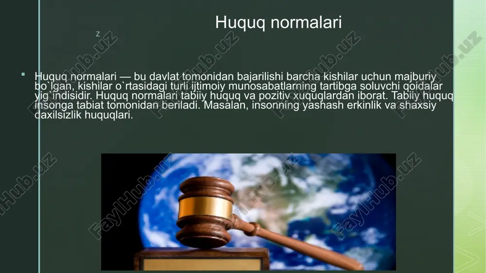 shning bosh asoslaridan biri bu huquq bilan tartibga solinadigan ijtimoiy munosabatlardir. bu ijtimoiy munosabatlar huquqiy tartibga solish predmeti deb ataladi. z huquqiy tartibga solish asosan 2 — usulga bo‘linadi: 1) hokimiyat buyruq usuli yoki avtoritar usuli, 2) dispozitiv yoki avtonomiya usuli. avtoritar usulda — huquqiy munosabatlarda ishtirok etuvchi taraflardan biri davlat bo‘lib u subyektning va burchlarini paydo bo‘lishligini aniq belgilaydi. u hokimiyat huquqiga ega bo‘lib, «qattiq» tartib o‘rnatiladi. bu usul ma’muriy, jinoiy va konstitutsiyaviy huquq, soqalarida ijtimoiy munosabatlarni tartibga solishda keng qo‘llaniladi. z xalqaro huquq normalari xalqaro huquq normasi - bu subyektlaming kelishuvi asosida yaratilgan, ular uchun huquq va majburiyatlarni o ‘rnatuvcht rasmiy qat'iy qoida bo’lib, uni amalga oshirish yuridik mexanizm bilan ta ’minlanadi. huquq sohasida shakl alohida ahamiyatga ega. qadimgi rimda shunday deyilardi: forma legalis fonna essentialis (yuridik shakl muhim). agarda xalqaro huquqni uning tartibga solayotgan munosabatlari bilan o’zaro aloqasini ko‘radigan bo’lsak, unda u davlatlararo munosabatlarning yuridik shakli sifatida …