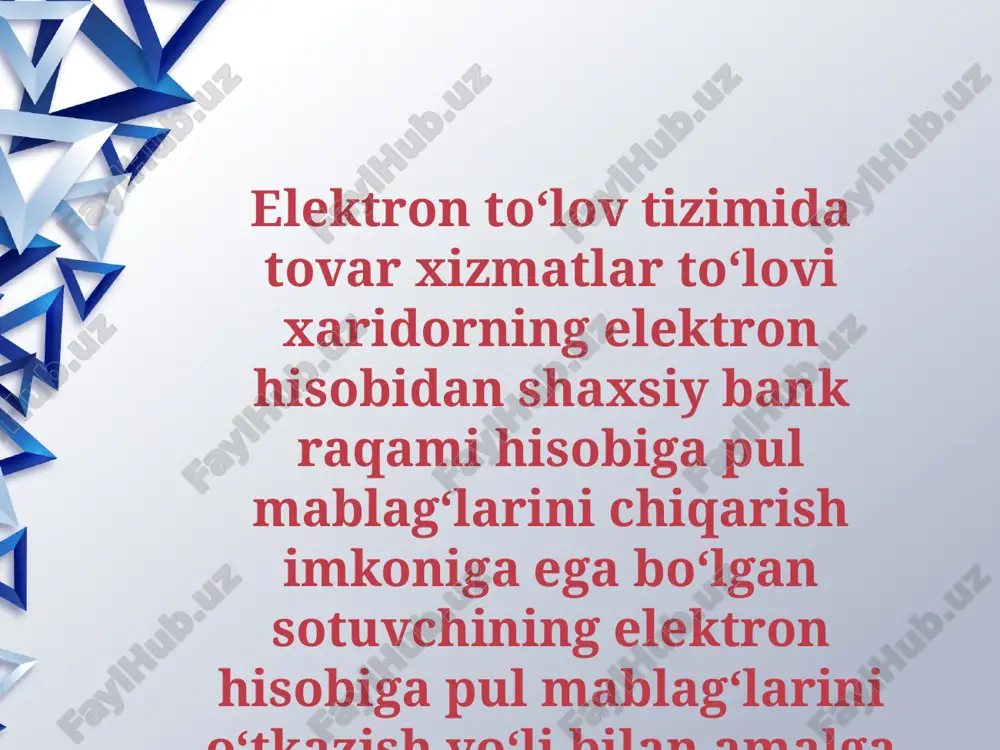 a’minot va tashkiliy-texnik infrastruktura majmuiga asoslangan tizim hisoblanib, elektron formatdaki, naqd pulsiz toʻlovlarni amalga oshirishga xizmat qiladi hamda mikroprotsessorli plastik kartochkalarni tarqatuvchi banklarni, tovarlar va xizmat koʻrsatish subyektlarini, tijoriy banklarni, shuningdek bir qancha sohadagi tashkilotlarni yagona tizimga birlashtiradi. ushbu milliy toʻlov tizimi oʻzbekiston respublikasi vazirlar mahkamasining 24 -sentabr 2004- yil 445-sonli “plastik kartochkalar asosida hisob-kitob qilish tizimini yanada rivojlantirish chora tadbirlari to‘g‘risida”gi qarori hamda o’zbekiston respublikasi prezidentining 3- avgust 2006- yildagi 433-sonli “plastik kartochkalar asosida naqd pulsiz hisob-kitob tizimini yanada rivojlantirishga oid qoʻshimcha chora-tadbirlar toʻgʻrisida”gi qarorlarining ijrosini ta’minlash maqsadida tashkil etilgan boʻlib, plastik kartochkalar orqali savdo-sotiq uchun qulay shart-sharoit yaratish va aholidan plastik kartochkalar orqali toʻlovlarni qabul qilish uchun terminal tarmoqlarini kengaytirishga xizmat qiladi. xulosa elektron to‘lov tiziminining rivojlanishi aholi uchun ko‘plab qulayliklar yaratadi. elektron to‘lov tiziminining rivojlanishi aholi turmush darajasining yaxshilanishini, marketing, menejment kabi sohalarning rivojlanishini, o‘zbekiston iqtisodiyotining barqarorlashishini ta’minlaydi. shunday qilib, o‘zbekistonda elektron to‘lov tizimini rivojlantirish imkoniyatlari yildan …