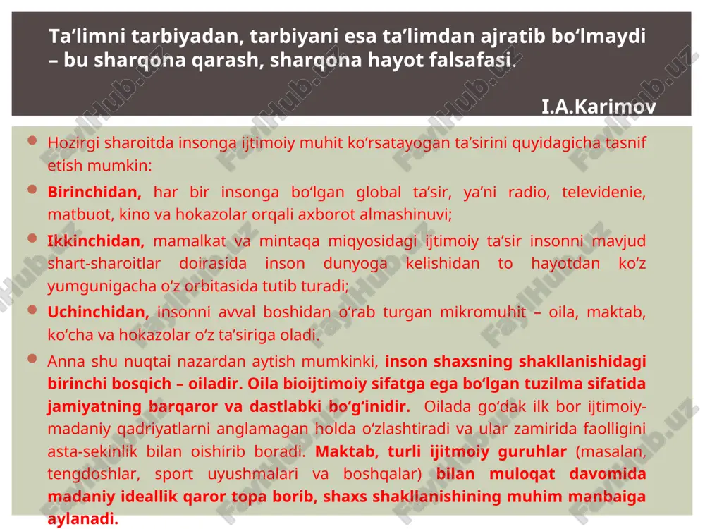 ma’lum g‘oyani ifoda etmaydigan tarbiya bo‘lmaydi. tarbiya maqsadi asosida uning mazmuni asoslanib, maqsadni amalga oshirishga xizmat qiluvchi metod va usullar aniqlanadi. tarbiya maqsadining muammosi pedagogikaning dolzarb masalalaridan biri sanaladi. tarbiya maqsadi umumiy va individual harakterga ega bo‘lishi mumkin. ilg‘or pedagogika umumiy va individual maqsadlar birligi va uyg‘unligini namoyon etadi. maqsad tarbiyaning umumiy ijtimoiy maqsadni ijobiy hal etishga yo‘naltiriladi hamda aniq vazifalar tizimi sifatida namoyon bo‘ladi. demak, tarbiya maqsadi tarbiya jarayonini tashkil etish asosida hal etiladigan vazifalar tizimidir. tarbiya maqsadlari mohiyati va ko‘lamiga ko‘ra umumiy va aniq vazifalar sifatida guruhlanadi. tarbiya maqsadi qanday shakllanadi? uning shakllanishida ko‘plab ob’ektiv sabablar etakchi rol o‘ynaydi. organizmning fiziologik etilish qonuniyatlari, insonning ruhiy rivojlanishi, falsafiy va pedagogik fikrlar yutug‘i, ijtimoiy madaniyat darajasi maqsadga umumiy yo‘nalish beradi. biroq asosiy omil doimo davlat mafkura va siyosati bo‘lib qolaveradi. hozirgi paytda o‘zbekiston respublikasi rahbariyati yoshlar orasidan eng iqtidorli, salohiyatlilarini tanlab, saralab olib, ularni ilmiy, madaniy-ma’naviy jihatdan kamolotga erishishlari, zamonaviy …