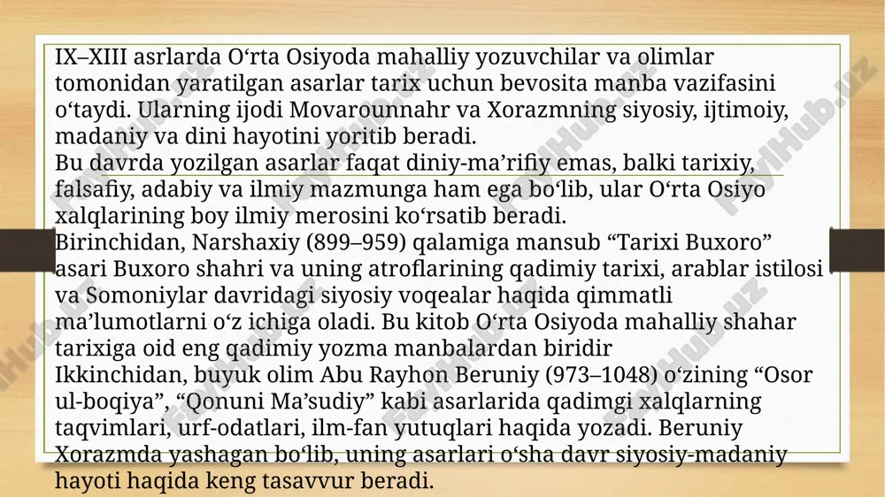 salar, masjidlar, turmush binolari va qishloq hududlaridagi qatlamlar orqali urbanizatsiya va iqtisodiy hayot haqida maʼlumot olinadi. material madaniyat — sopol idishlar, metall buyumlar, asbob-uskuna, umr yoʻli va qoldiqlar — jamiyatlarning kundalik hayotini, hunarmandchilik va savdo aloqalarini yoritadi. qazilmalar orqali topilgan stratigrafik maʼlumotlar va qatlamlashgan qatlamlar madaniyatlarning asta-sekiniy rivoji va transformatlarini aniqlashda muhim rol oʻynaydi. arxeologik manbalar: usullar va misollar arxeologiyada radiouglerod sanalash, keramika tipologiyasi, paleobotanika va paleozoologiya kabi texnik usullar qoʻllaniladi. masalan, buxoro va samarqanddagi qadimiy shahar qatlamlari va samanidlar davriga tegishli inshootlar arxitektura va diniy amaliyotlarni tushunishga yordam beradi. kunyovojen (kunya-urgench) va afruxiyob kabi markaziy hududlarda olib borilgan qazilmalar xalqaro savdo va hunarmandchilik yoʻnalishlarini aniqladi. arxeologik topilmalar matnli manbalar bilan taqqoslanib, xronologik va ijtimoiy tafsilotlarni aniqlashda ishlatiladi. yozma manbalar: mahalliy asarlar ix–xiii asrlarda mahalliy yozma manbalar orasida arab va fors tilidagi tarixiy asarlar, mahalliy turkiy adabiyot va hujjatlar alohida oʻrin tutadi. mualliflar sifatida al-biruniy, al-narshaxi, gardiziy, nasir khusraw va …