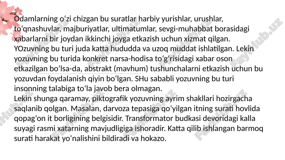 lar asosan mix yoki pona shaklini eslatgani uchun mixxat deb nom olgan. mixxat eramizdan avvalgi birinchi mingyillikning oxirlarigacha bobiliylar, assuriylar, xettlar, finikiylar tomonidan qo‘llanib kelingan. uni eramizdan avvalgi to‘rtinchi mingyillikning oxirida mesopotamiyada (hozirgi iroq davlati hududi)da yashagan shumerlar o‘ylab topganlar. mixxat yozuvidagi elementlar asosan mix yoki pona shaklini eslatgani uchun mixxat deb nom olgan. mixxat eramizdan avvalgi birinchi mingyillikning oxirlarigacha bobiliylar, assuriylar, xettlar, finikiylar tomonidan qo‘llanib kelingan. bu yozuvdan urartu davlati aholisi, forslar va boshqa qo‘shni xalqlar ham foydalanishgan. mixxat yozuvi piktografik yozuvdan kelib chiqqan. bu dastlab italiyalik savdogar pestro chella valle tomonidan o‘rganilgan. mixxat yozuvlari ichida eng ko‘p tarqalgani forsiy mixxatdir. bu yozuv eramizdan avvalgi vi-iv asrlargacha ahamoniylar davlati hududida qo‘llanib kelingan. bu yozuvdan qo‘shni davlat xalqlari, shu jumladan o‘rta osiyo xalqlari ham foydalanishgan. ahamoniylar davlatining qulashi bilan bu yozuvdan foydalanish ham kamaya boshlagan. harfiy yozuv. yozuvning bu turida tildagi har bir tovushga bittadan harf yoki belgi to‘g‘ri keladi. …