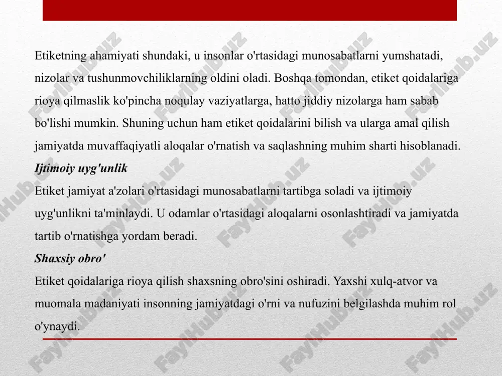 ida qo'l berib ko'rishish, quchoqlashish, yoshi kattalarning peshonasidan o'pish kabi salomlashish shakllari ham keng tarqalgan. zamonaviy jamiyatda etiket va muomala madaniyati globallashuv, texnologik rivojlanish va qadriyatlarning o'zgarishi ta'sirida yangi ko'rinishlarga ega bo'lmoqda. bugungi kunda an'anaviy etiket qoidalari bilan bir qatorda zamonaviy hayot tarziga mos keluvchi yangi xulq-atvor me'yorlari ham shakllanmoqda. globallashuv jarayonlari turli madaniyatlarning o'zaro ta'sirini kuchaytirmoqda, bu esa muomala madaniyatida ham o'z aksini topmoqda. masalan, bugungi kunda o'zbek yoshlari o'rtasida g'arb madaniyatiga xos bo'lgan muomala shakllari - qo'l siqishib salomlashish, "salom" deb murojaat qilish kabi odatlar keng tarqalmoqda. biroq, shu bilan birga, an'anaviy o'zbek muomala madaniyatiga xos bo'lgan hurmat, kattalarga izzat, mehmon-do'stlik kabi qadriyatlar ham saqlanib qolmoqda. kasbiy faoliyatda etiket va muomala madaniyati alohida ahamiyat kasb etadi. har bir kasb sohasida o'ziga xos muomala qoidalari mavjud bo'lib, ular kasbiy munosabatlarni tartibga solishga va samarali hamkorlikni ta'minlashga xizmat qiladi. kasbiy etiket - bu ma'lum bir kasb doirasida shakllangan, kasb egalarining …