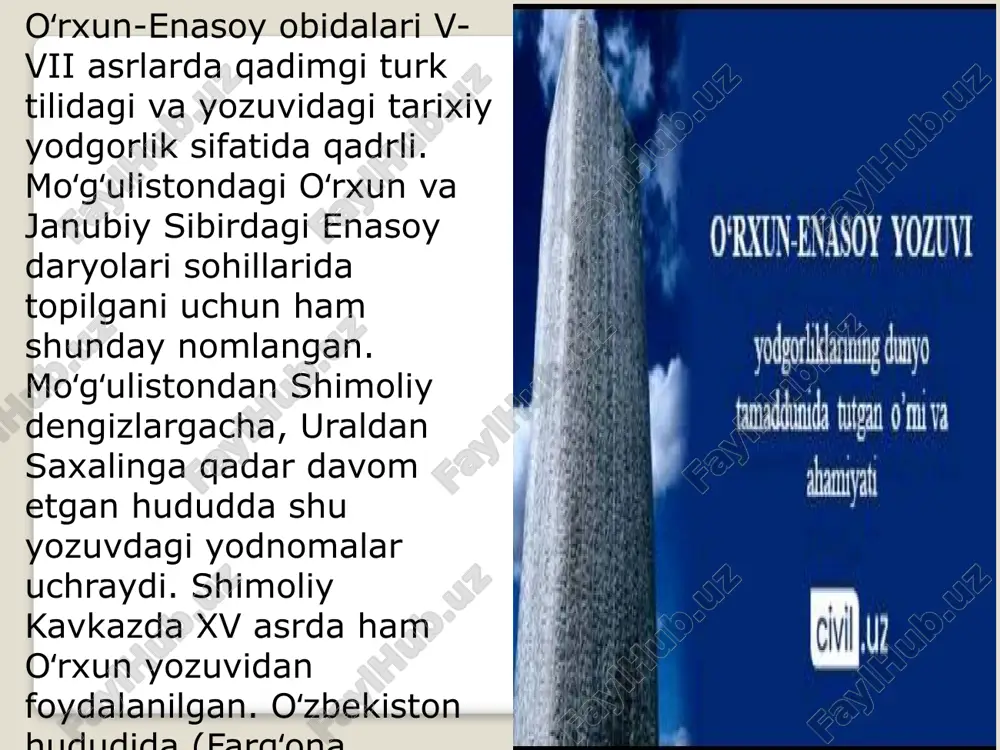 umotlar mavjud. bilga xoqon bitig toshi: bilga xoqon sharafiga yozilgan ushbu yodgorlikda davlat boshqaruvi va ijtimoiy tuzum haqida qimmatli ma'lumotlar berilgan. to'nyuquq bitig toshi: to'nyuquq sarkardasi haqida bo'lib, unda harbiy strategiya va davlat boshqaruvi masalalari yoritilgan. bundan tashqari, "avesto" kabi zardushtiylik diniga oid adabiy yodgorliklar ham qadimgi turkiy yozma yodgorliklari qatoriga kiradi. "avesto"da zardushtiylarning diniy ta'limotlari, falsafiy qarashlari va axloqiy me'yorlari bayon etilgan. qadimgi turkiy yozma yodgorliklar tilining fonetik va morfologik xususiyatlarini o'rganish orqali, turkiy tillarning rivojlanish tarixini va o'zgarishlarini chuqurroq tushunish mumkin. masalan, o'rxun-enasoy yozuvlarida palatal singarmonizmi kabi fonetik xususiyatlar mavjudligi aniqlangan. shuningdek, bu yodgorliklar tilidagi ayrim so'zlarning hozirgi o'zbek shevalarida qo'llanilishi, tilshunoslik tadqiqotlari uchun qimmatli materiallar taqdim etadi. bu orqali qadimgi va zamonaviy o'zbek tilining o'zaro aloqasi va taraqqiyotini o'rganish mumkin. qadimgi turkiy yozma yodgorliklari markaziy osiyo tarixida muhim o'rin tutadi. ushbu yodgorliklar nafaqat turkiy xalqlarning madaniy va til tarixini, balki butun mintaqaning ijtimoiy-siyosiy rivojlanishini ham yoritadi. markaziy …