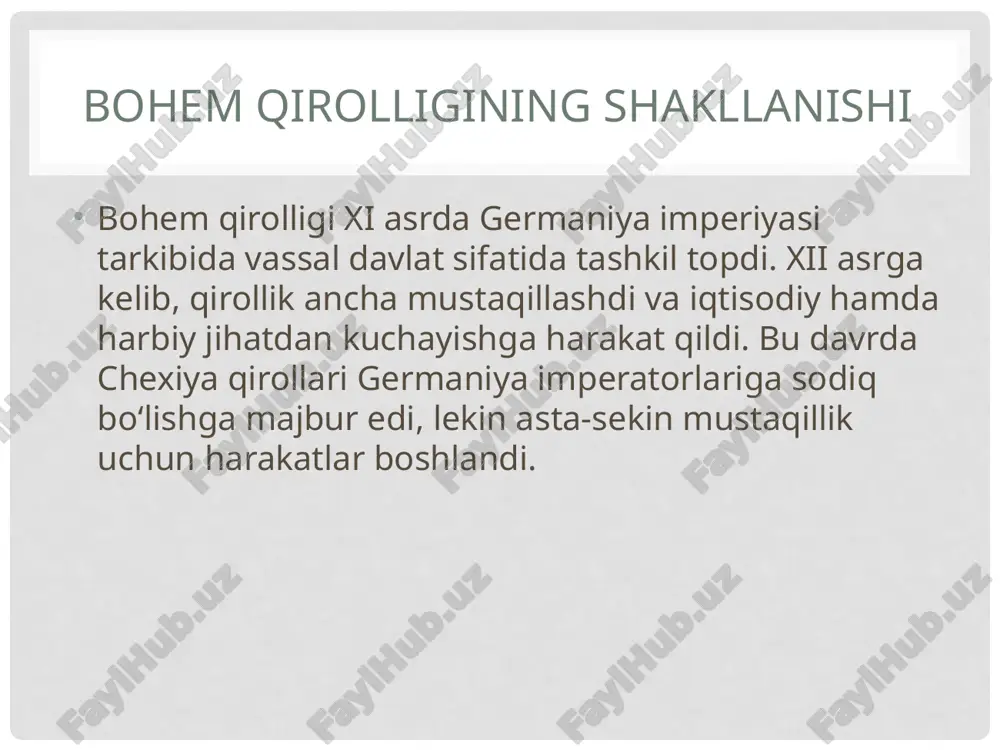 husitlar harakati va nemis imperiyasiga qarshi kurash chexiyaning mustaqillik yo‘lidagi muhim bosqichlardan biri bo‘ldi. bu davr chexiya madaniyati va siyosiy tizimining shakllanishida katta rol o‘ynadi. /docprops/thumbnail.jpeg
