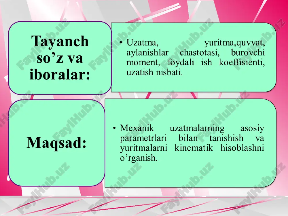 aldan ikkinchi valga tishli g’ildiraklar vositasida uzatish mexanizmi tishli uzatma deb ataladi. hozirgi vaqtda mashinasozlik sanoatida tishli uzatmalar keng ko’lamda ishlatiladi va ulardan texnikaning turli sohalarida foydalaniladi. aniq asbobsozlikda diametri 1 mm dan kichik bo’lgan tishli g’ildiraklar ishlatilgan bir vaqtda, og’ir sanoatda diametri bir necha 10 m ga yetadiganlarini uchratish mumkin. vallari o’qlarining joylashuviga qarab, tishli uzatmalar quyidagi turlarga bo’linadi: vallarining o’qlari o’zaro parallel bo’lib, sirtqi yoki ichki tomondan ilashgan silindrik g’ildirakli uzatmalar; vallarining o’qlari o’zaro kesishuvchi konussimon g’ildirakli uzatmalar; vallarining o’qlari o’zaro kesishuvchi konussimon g’ildirakli uzatmalar; vallarining o’qlari ayqash bo’lgan vintaviy silindrik va gipoid deb ataluvchi konussimon g’ildirakli hamda chervyakli uzatmalar. tishlarning g’ildirak sirtida joylashuviga qarab, tishli uzatmalar to’g’ri tishli (1-rasm), qiya tishli g’ildirakli tishli uzatmalarga bo’linadi (2-rasm). 1-rasm. to’g’ri tishli uzatma 2-rasm. qiya tishli uzatma tish profili bo’yicha evolventali va doiraviy bo’ladi. evolventa profilni 1760 yilda eyler, doiraviy profilni esa 1954 yilda m.l. novikov tavsiya etgan. 3-rasm. tishli …