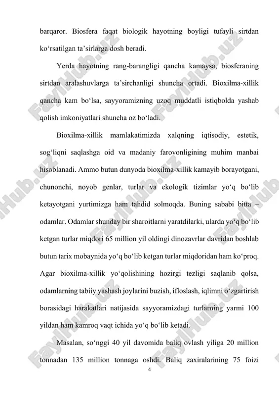 omillarning ta’siriga bardosh bera olishi bioxilma-xillikka bog‘liq ekanligi ko‘p lab olimlar tomonidan aniq isbotlab berilgan. hozirgi kunda biologik xilma-xillik noyob qiymatga va umumjahon ahamiyatga ega ekanligi e’tirof etilmoqda. biologik turlami saqlashning ahamiyatini chuqur anglash, xalqaro hamjamiyatning xabardorligini oshirish maqsadida bmt tashabbusi bilan 22 may “xalqaro biologik xilma-xillik kuni” deb e’lon qilingan. yer yuzasining biologik resusrlari odamzodning iqtisodiy va ijtimoiy rivojlanishi uchun hayotiy zaruriyatdir. sayyoramizning biologik xilma-xilligi asosini biologik turlar tashkil etadi. ulaming birortasi yo‘q bo‘lib ketsa o‘mini mutlaqo to‘dirib bo‘lmaydi. biologik xilma-xillik muammolari bugunda klassik biologik chegaralaridan chiqib ketdi. ulami hal etishda sistematika, ekologiya biogeografiya sohasidagi ma’lumotlardangina emas, balki landshaftshunoslik, tabiatdan foydalanishning turlari, sohalari, iqisodiyot, sotsbiologiya va boshqa sohalaming ma’lumot va uslubiy apparatlaridan foydalanish talab etilmoqda. shu bilan birgalikda yovvoyi flora va fauna na ma’muriy va na davlat chegaralarini bilmaydi. shunga asosan konvensiya ishtirokchilari biologik xilma-xillikni saqlash umurninsoniy muammolar ekanligini tasdiqlaydilar. 1998- yilda xalqaro tashkilotlarning (gef, prooh) moliyaviy ko‘magi bilan …