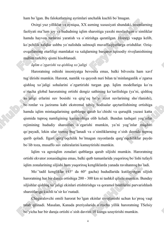 ahiralarini kamaytirishi mumkin. iqlim va agroiqlim zonalari qutblarga qarab siljishi mumkin. haroratning ortishi ekvator zonasidagina emas, balki qutb tumanlarida yuqoriroq bo`lishi tufayli iqlim zonalarining siljishi ham yuqoriroq kengliklarda yanada ravshanroq bo`ladi. mo`’tadil kengliklar (45° da 60° gacha) hududlarida kutilayotgan siljish haroratning har bir daraja ortishiga 200 - 300 km ni tashkil qilishi mumkin. bunday siljishlar qishloq xo`jaligi ekinlari etishtirishga va qoramol boshlarini parvarishlash sharoitlariga kuchli ta’sir ko`rsatadi. chegaralovchi omili harorat bo`lgan ekinlar rivojlanishi uchun ko`proq vaqt talab qilinadi. masalan, kanada preriyalarida o`rtacha yillik haroratning tselsiy bo`yicha har bir daraja ortishi o`sish davrini 10 kunga uzaytirishi mumkin. yozgi qurg’oqchilikning ortishi natijasida mo`’tadil kengliklarda o`simliklarning hosili 10 - 30 % gacha kamayishi mumkin. haroratning ortishi tuproq namligini kamaytiradi. mo`’tadil kengliklarda yillik haroratning 1°s ga ortishi natijasida bug’lanish sur’atlari taxminan 5 % ga ko`payadi va balki aqshning buyuk tekisliklari kabi bugungi kunda etakchi bug’doy etishtiruvchi rayonlar qurg’oqchilik va jazirama to`lqinlarni ko`proq boshidan kechiradigan …