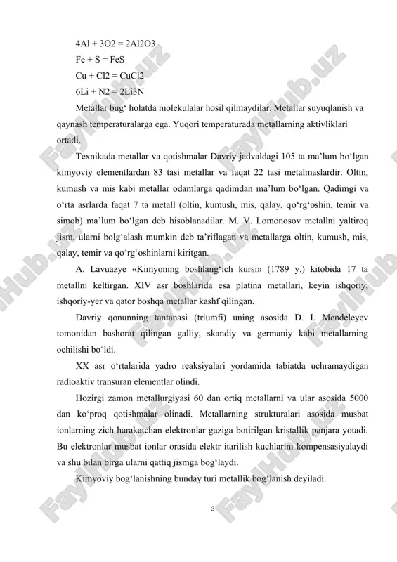 chunki bog‘ni hosil qiluvchi elektronlar ham muvofiq ravishda siljiydi. metallarning plastikligi au, ag, cu, sn, pb, zn, fe qatori bo‘yicha kamayadi. texnikada eng ko‘p ishlatiladigan metallar qatoriga temir va temir asosida olinadigan cho‘yan hamda po‘lat kiradi va qora metallurgiya sanoatining asosini tashkil qiladi. texnikada metallar turli maqsadlarda ishlatiladi. metallar sof holda kam ishlatiladi. asosan ular qotishmalar holida ishlatiladi. xarakterli metall xossasiga ega bo‘lgan, 2 yoki undan ortiq metallardan iborat bir jinsli makroskopik sistemalar qotishmalar deyiladi. qotishmalar ko‘pincha ularni hosil qilgan metallar xossasidan farq qiladi. masalan, alyuminiy, magniy, temir kabi metallar nisbatan yumshoq bo‘lib, ulardan hosil qilinadigan qotishmalar nihoyatda qattiq bo‘ladi. qotishmalar suyuqlantirilgan metallarni bir-birida eritib olinadi. hozirgi paytda siyrak-yer metallari asosida olinayotgan qotishmalar muhim rol o‘ynaydi. masalan, siyrak-yer elementlari va ularning birikmalari massasi kichik doimiy magnitlarni yaratishda katta magnit energiyadan foydalaniladi. bu maqsad uchun eng samarali kobaltni yengil siyrak-yer metallari bilan hosil qilingan intermetallik birikmalari smco5, neco5, prco5 lar bo‘ldi. …