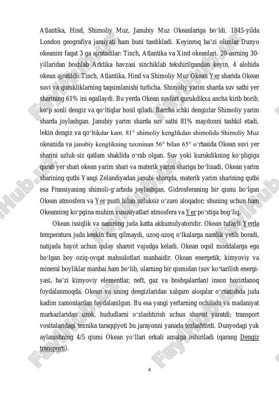 yatlari atmosfera va yer poʻstiga bogʻliq. okean issiqlik va namning juda katta akkumulyatoridir. okean tufayli yerda temperatura juda keskin farq qilmaydi, uzoq-uzoq oʻlkalarga namlik yetib boradi, natijada hayot uchun qulay sharoit vujudga keladi. okean oqsil moddalarga ega boʻlgan boy oziq-ovqat mahsulotlari manbaidir. okean energetik, kimyoviy va mineral boyliklar manbai ham boʻlib, ularning bir qismidan (suv koʻtarilish energi- yasi, baʼzi kimyoviy elementlar, neft, gaz va boshqalardan) inson hozirdanoq foydalanmoqda. okean va uning dengizlaridan xalqaro aloqalar oʻrnatishda juda kadim zamonlardan foydalanilgan. bu esa yangi yerlarning ochilishi va madaniyat markazlaridan uzok, hududlarni oʻzlashtirish uchun sharoit yaratdi; transport vositalaridagi texnika taraqqiyoti bu jarayonni yanada tezlashtirdi. dunyodagi yuk aylanishning 4/5 qismi okean yoʻllari orkali amalga oshiriladi (qarang dengiz transporti). https://uz.wikipedia.org/wiki/yer https://uz.wikipedia.org/wiki/yer https://uz.wikipedia.org/wiki/yer https://uz.wikipedia.org/wiki/yer https://uz.wikipedia.org/wiki/dengiz_transporti https://uz.wikipedia.org/wiki/dengiz_transporti 5 okeanning insoniyat hayotidagi roli tez oʻsmoqda. dunyo mamlakatlari iktisodiyotining turli sohalarida okeandan foydalanish muammolari (kema qatnovi, baliq ovlash, okean resurslaridan ratsional foydalanish, shelfni oʻzlashtirish, kontinentlararo kabellar yotqizish, suvni chuchuklashtirish, …