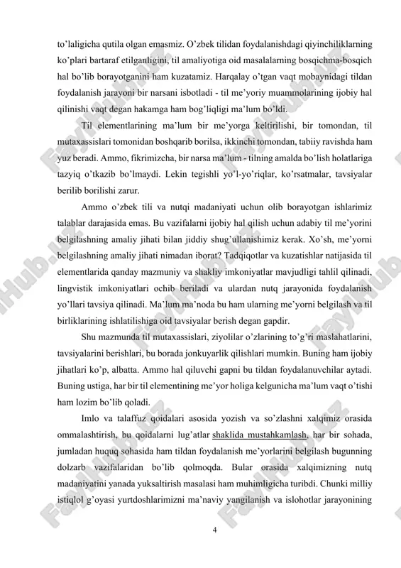 ini berishlari, bu borada jonkuyarlik qilishlari mumkin. buning ham ijobiy jihatlari ko’p, albatta. ammo hal qiluvchi gapni bu tildan foydalanuvchilar aytadi. buning ustiga, har bir til elementining me’yor holiga kelgunicha ma’lum vaqt o’tishi ham lozim bo’lib qoladi. imlo va talaffuz qoidalari asosida yozish va so’zlashni xalqimiz orasida ommalashtirish, bu qoidalarni lug’atlar shaklida mustahkamlash, har bir sohada, jumladan huquq sohasida ham tildan foydalanish me’yorlarini belgilash bugunning dolzarb vazifalaridan bo’lib qolmoqda. bular orasida xalqimizning nutq madaniyatini yanada yuksaltirish masalasi ham muhimligicha turibdi. chunki milliy istiqlol g’oyasi yurtdoshlarimizni ma’naviy yangilanish va islohotlar jarayonining faol ishtirokchisiga aylantirish, yoshlarimizni esa erkin, yangicha fikrlashga o’rgatishni maqsad qilib qo’yar ekan, bunga til madaniyatisiz erishib bo’lmaydi. til birliklarini me’yorlashtirish, hamma uchun umumiy va tushunarli bo’lgan bir qolipga keltirish umuman tilshunoslikning vazifasi sanalsa ham, u nutq madaniyati sohasining xizmatlarini inkor etmaydi. binobarin, me’yor muammolari hamisha ushbu sohaning tadqiqot obyekti bo’lib qolaveradi. nutq madaniyati tilda ma’lum me’yorda keltirilgan til birliklarining …