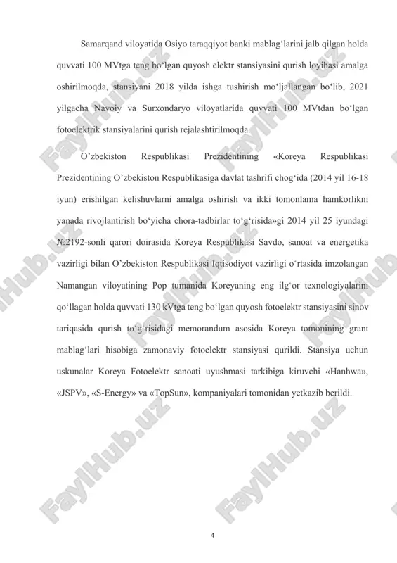 rning atrof muhitga ta’sir etishekologik jihatlarga o‘ziga xos muxim diqqat etiborga egadir. shunday fikr mavjudki, qayta tiklanadigan energiya manbalar hisobidan foydalienergiyani ishlab chiqarish ekologik mutlaqo “toza” deb hisoblanmoqda. bunday fikrmuammoli tavsiflarga ega, chunki organik va mineral yonilg‘ilar asosida an’anaviy energetikqurilamlarga qaraganda ushbu energiya manbalari atrof muhitga ta’sir etishi mutlaqo boshqaxususiyatlarga ega. ikkinchi tomondan, noan’anaviy va qayta tiklanadigan energiyamanbalarning atrof muhitga ayrim ekologik ta’sir etish turlari yetarli darajada o‘rganilmagan. ushbu manbalarning atrof muhitga ta’sir etishiga qaraganda (ayniqsa uzoq muddatdavomida), ulardan foydalanish texnikaviy masalalar yuqori darajada o‘rganilgan. 20.1. quyosh energetikaning rivojlanishida ekologik kamchiliklar ko‘pchilik quyosh energetik tizimlarning asosiy kamchiligi quyosh kollektor, konsentrator, geliostat, issiqlik akkumulyatsiyalovchi tizimlar uchun qo‘shimcha maydonlar talab etiladi va ko‘p hollarda energiya iste’mol qiluvchi obektning maydonidan katta bo‘ladi. quyosh elektr stansiyalar (qes) eng katta energiya va material sig‘imli qurilmalarhisoblanadi. qeslar yetarli darajada o‘rganilmagan inshootlar bo‘lib, ular ekologik toza elektr stansiyalar deb hisoblash uchun hali to‘lik asoslab berilmagan. juda deganda, …