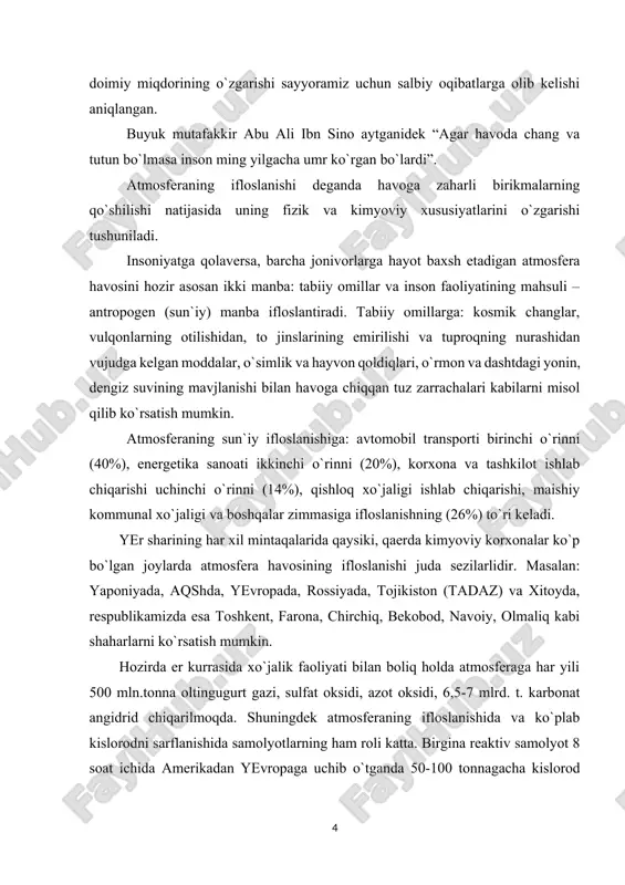 adan yevropaga uchib o`tganda 50-100 tonnagacha kislorod yoqadi, ya`ni buni 100 ming gektar o`rmonzor bir kunda chiqarib beradi, bir kosmik kemaning fazoga chiqishi uchun 16 km radiusida ozon qatlami emiriladi. atmosfera havosining ifloslanishida qishloq xo`jalik ishlab chiqarishining ham hissasi bor, bunda parrandachilik va chorvachilik komplekslari, go`sht kombinatlari, kimyoviy o`itlar, zararli ximikatlar ko`proq ta`sir etadi. bulardan tashqari kanalizasiya shaxobchalaridan, avtomobil ildiraklaridan, oyoq kiyimidan, oshxonalardan va boshqalardan chiqqan chang, gazlar, hidlar ham atmosferani ifloslaydi. havoning ifloslanishi natijasida vujudga keladigan salbiy holatlar va uning oqibatlari. havoning kuchli ifloslanishi insonlar soliiga, qolaversa barcha jonzotlarga salbiy ta`sir ko`rsatadi. bir kishi sutka davomida o`rtacha 25 kg havo bilan nafas oladi. havo tarkibidagi zarali chang, qurumlar, zararli gazlar kishi organizmida to`planaveradi. oqibatda teri va ko`z kasalliklari, jigar serrozi, qonbosimining ortishi, surunkali bronxit, enfizima, nafas qisish va o`pka raki kabi kasalliklarning ko`payishiga sabab bo`ladi. bolalar o`rtasida umumiy kasallanishning ortishi qayd qilingan. havoda oltingugurt oksidi ko`p bo`lishi natijasida kishilarda …
