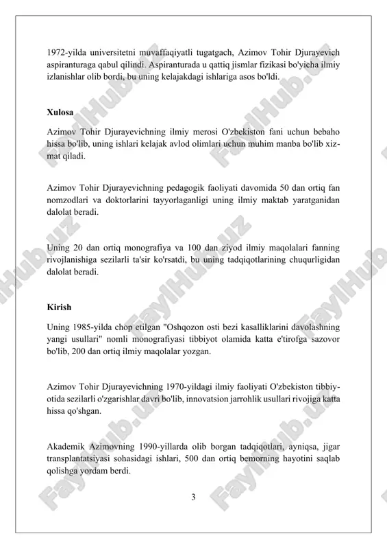 ing ilmiy faoliyati 15 dan ortiq metall kompleks birikmalarining sintezi va ularning spektral xususiyatlarini o'rganishga qaratilgan, bu materialshunoslik uchun muhim ahamiyatga ega. professor djurayevichning tadqiqotlari 20 dan ziyod geterotsiklik birikmalarning hosil bo'lish mexanizmlarini aniqlashga va ularni farmatsevtik preparatlarda qo'llash imkoniyatlarini baholashga bag'ishlangan. zamonaviy fanga qo'shgan hissasi uning rahbarligida olib borilgan 2 ta xalqaro grant loyihalari doirasida, biofizika va tibbiy diagnostika sohalarida innovatsion yechimlar ishlab chiqilgan bo'lib, bu esa fanning rivojlanishiga katta hissa qo'shgan. azimov tohir djurayevichning ilmiy ishlari orasida, 10 dan ortiq patentlar bilan himoyalangan, yangi materiallar yaratish texnologiyalari alohida o'rin tutadi, bu esa sanoatda muhim ahamiyatga ega. uning zamonaviy fanga qo'shgan hissasi, xususan, 50 dan ortiq ilmiy maqolalar va 3 ta monografiya bilan tasdiqlangan, matematik modellashtirish sohasidagi tadqiqotlarida namoyon bo'ladi. ilmiy jamoatchilikdagi o'rni azimov tohir djurayevichning ilmiy faoliyati davomida 100 dan ortiq maqolalar chop etilgan. jumladan, oak tomonidan tavsiya etilgan jurnallarda muhim tadqiqot natijalari e'lon qilingan. azimov tohir djurayevich …