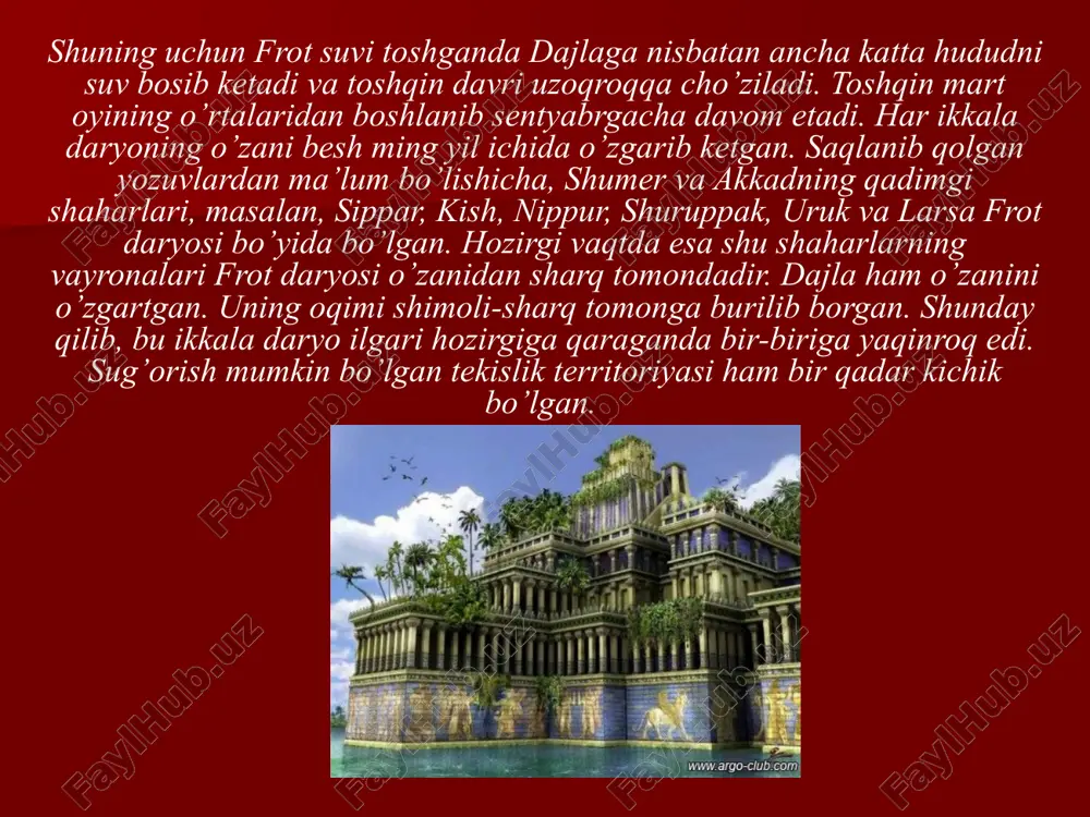 mliklar va yunon kabi xalqlarning kirib kelishi va mahalliy aholi bilan aralashuvi natijasida yaxlit mesopotamiya aholisi shakllandi. o’sha davrda yerli aholining madaniy jihatdan ustunligi sababli bu hududga ko’chib kelgan barcha xalqlar o’z tili va boshqa barcha xususiyatlarini unutib, tub joyli aholi tarkibiga singib ketdi. lekin ularning kirib kelishi sennar aholisi turmushi, madaniyati va xo’jaligida turli o’zgarishlarni, rivojlanish va ko’pqirralikni keltirib chiqardi. qadimgi mesopotamiya tarixiga oid manbalarni quyidagi guruhlarga bo’lish mumkin: 1)qadimgi sharq yozma yodgorliklari; 2) yunon-rim mualliflarining asarlari; 3) moddiy-madaniyat yodgorliklari. mesopotamiya tarixiga oid manbalar va tarixshunosligi qadimgi sharqda yaratilgan hujjatlar ikki daryo oralig’i tarixining birinchi darajali va asosiy manbasi hisoblanadi. chunki ularda mesopotamiyaning o’sha davr siyosiy-iqtsodiy va ijtimoiy-madaniy hayoti aks etgan. arxeologik qazish ishlarining boshlanishi bilan tarixchilar uchun qadimgi mesopotamiyada yaratilgan yodgorliklarni o’rganish imkoniyati paydo bo’ldi. arxeolog olimlar botta, leyyard, rassam, smit, koldevey va boshqalarning sa’y harakatlari bilan mil. avv. ix-x asrlarda yashagan va hukmronlik qilgan podsholar saroylari qoldiqlari, …