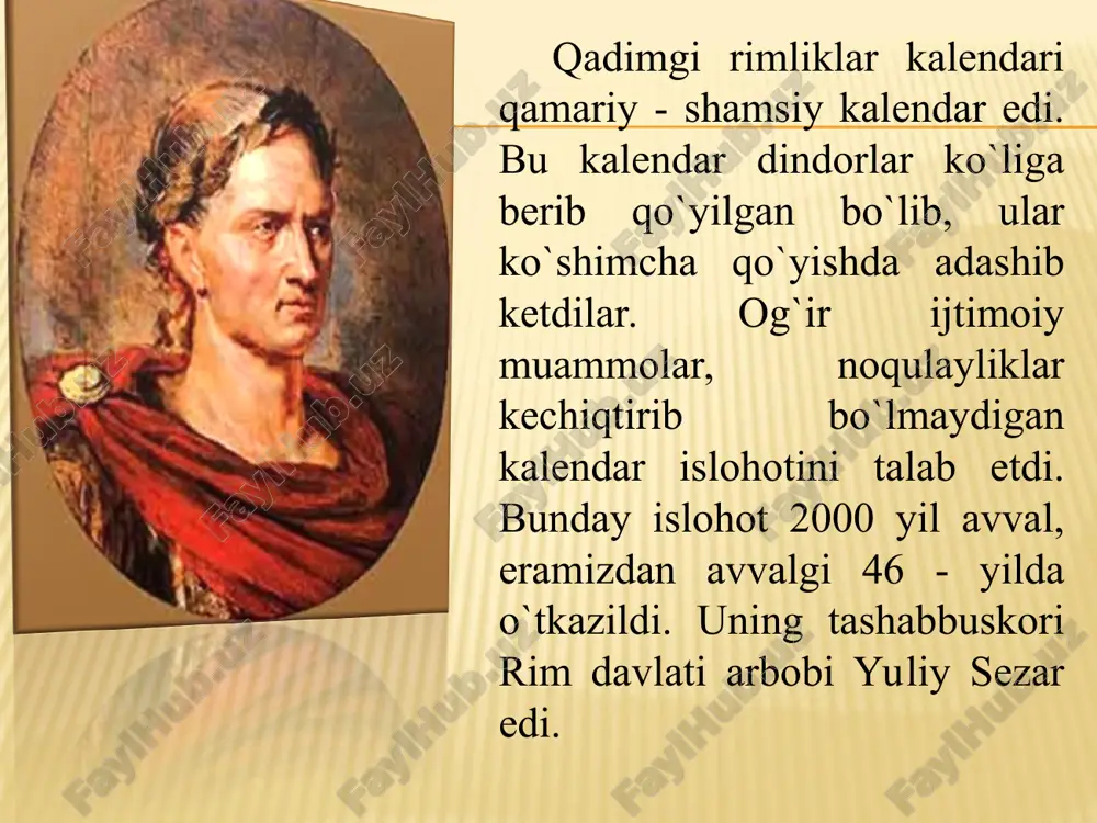 ridan boshlangan. xuddi o`sha kuni qishki quyosh turishidan keyingi birinchi yangi oy ko`rinishi edi. rim siyosiy arbobi mark antonining taklifi bilan senat (lotincha - rimda respublika davrida oliy hokimiyatning davlat organi, xukmron - kuldor aslzodalar), yuliy sezarning harbiy sarkardaligi va kalendarni tartibga keltirishdagi xizmatlarini hisobga olib, sezar tug`ilgan kvintlis (beshinchi) oyini uning nomi bilan yulis iyul deb atashga qaror qilgan. yangi kalendar joriy etilgandan ikki yil keyin sezar fitnachilar tomonidan o`ldirildi. rim ko`shinlariga vaqtni to`griligini kuzatish vazifasi topshirilgan edi. ular sozigen islohoti mazmunini tushunmay, hisobdan adashdilar. negadir kabisa kunlarini uch yildan keyin to`rtinchi yilga emas, balki ikki yildan keyin uchinchi yilga ko`sha boshlaganlar. bu xatoni faqat er. av viii asrda, sezarning nabira merosxuri imperator avgust davrida aniqladilar. avgust yangi islohot o`tkazdi hamda to`planib qolgan xatolarni yo`k qildi. uning buyrugi bilan er. av viii asrdan - eramizning viii asrigacha kabisa yillariga ko`shimcha kunlar ko`shilmagan. o`sha davrdayoq senat sekstilis (6- oyni) imperator …