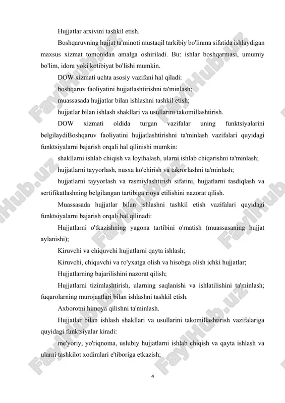 kiradi: me'yoriy, yo'riqnoma, uslubiy hujjatlarni ishlab chiqish va qayta ishlash va ularni tashkilot xodimlari e'tiboriga etkazish; tashkilotning tarkibiy bo'linmalarida hujjatlar bilan ishlash bo'yicha belgilangan qoidalarga rioya etilishi ustidan uslubiy rahbarlik va nazorat qilish; tashkilot xodimlarining malakasini oshirish va ularga hujjatlar bilan ishlash bo'yicha maslahatlar berish; tashkilot hujjatlarini tartibga solish, hujjatlarni unifikatsiyalash bo‘yicha ishlarni olib borish, tashkilot faoliyatida foydalaniladigan hujjatlar shakllarining hisobot kartasi va albomini ishlab chiqish; hujjatlar bilan ishlashning yangi shakllari va usullarini ishlab chiqish va joriy etish, tashkilot ish jarayonini takomillashtirish, ijro intizomini yaxshilash; avtomatlashtirilganni rivojlantirish va takomillashtirish bo'yicha vazifalarni belgilash axborot tizimlari va hujjatlar bilan ishlash uchun ma'lumotlar bazalari. axborotni qayta ishlash va boshqaruv sifatini oshirish uchun samarali muhit yaratishga intilayotgan korxona oldida quyidagi vazifalar turibdi: barcha tayyorgarlik va qayta ishlash ishlarining mukammalligi hujjatli ma'lumotlar korxonani (doe) hujjatli ta'minlash mexanizmini yaratish orqali. to'g'ri avtomatlashtirish strategiyasini tanlash, shu jumladan dasturiy mahsulotlarni to'g'ri tanlash.hujjatlar bilan ishlash kabi oddiy ko'rinadigan mavzuni …