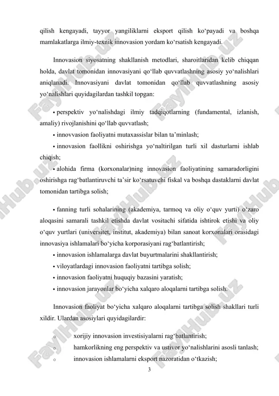 kazish; 0. xalqaro kichik innovasion tadbirkorlik aloqalarini qo‘llab quvvatlash; 0. hamkorlikda bajarilayotgan innovasion loyihaning ishtirokchi davlatlarga (korxonalarga) maxsus soliq va kredit imtiyozlarini qo‘llash; 0. mamlakatga xalqaro standart va normalarni joriy qilish innovasiya sohasini davlat tomonidan tartibga solish metodlari 1. innovasion faoliyatga davlat tomonidan ta’sir qilish metodlarini ikki guruhga bo‘lish mumkin: to‘g‘ri va egri. 1. innovasion jarayonni davlat tomonidan tartibga solishning to‘g‘ri metodlarini ikki shaklda amalga oshiriladi: ma’muriy, dasturli-maqsadli. ma’muriy shaklda innovasiyaga bevosita ta’sir qilish maqsadida u moliyalashtiriladi. ushbu moliyalashtirish maxsus qonunlar asosida amalga oshiriladi. innovasiyalarni dasturli – maqsadli tartibga solishda yangiliklar qo‘llab-quvvatlashning davlat maqsadli dasturlari bo‘yicha innovasiyalar kontrakt asosida moliyalashtiriladi. ya’ni, davlat tomonidan yangiliklarni (tovar, texnologik jarayon, xizmat) kontrakt asosida sotib olish tizimi tashkil etiladi. kontrakt asosida moliyalashtirish – hozirgi kunda keng tarqalgan – buyurtmachi va ishlab chiqaruvchilar o‘rtasida shartnoma tizimining bir elementidir. 1. shartnomada ishlarni tugatish vaqti, ishlarni ishtirokchilar orasida taqsimlashini moddiy rag‘batlantirish aniq ko‘rsatiladi. bu yerda o‘zaro majburiyatlar, …