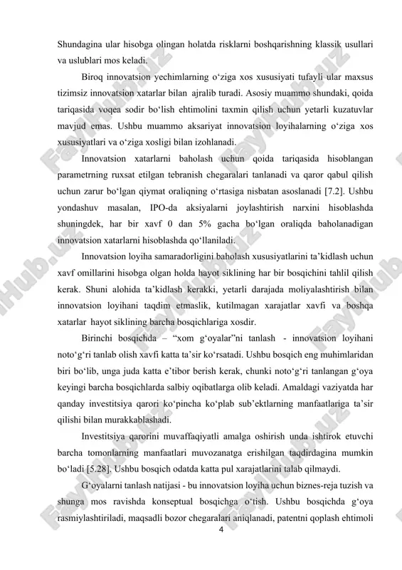 nnovatsion loyihani noto‘g‘ri tanlab olish xavfi katta ta’sir ko‘rsatadi. ushbu bosqich eng muhimlaridan biri bo‘lib, unga juda katta e’tibor berish kerak, chunki noto‘g‘ri tanlangan g‘oya keyingi barcha bosqichlarda salbiy oqibatlarga olib keladi. amaldagi vaziyatda har qanday investitsiya qarori ko‘pincha ko‘plab sub’ektlarning manfaatlariga ta’sir qilishi bilan murakkablashadi. investitsiya qarorini muvaffaqiyatli amalga oshirish unda ishtirok etuvchi barcha tomonlarning manfaatlari muvozanatga erishilgan taqdirdagina mumkin bo‘ladi [5.28]. ushbu bosqich odatda katta pul xarajatlarini talab qilmaydi. g‘oyalarni tanlash natijasi - bu innovatsion loyiha uchun biznes-reja tuzish va shunga mos ravishda konseptual bosqichga o‘tish. ushbu bosqichda g‘oya rasmiylashtiriladi, maqsadli bozor chegaralari aniqlanadi, patentni qoplash ehtimoli aniqlanadi, shuningdek biznes-reja tuziladi. kadrlar faoliyati allaqachon ilmiy- tadqiqot va tajriba-konstruktorlik ishlanmalarini rivojlantirish uchun mablag‘lar hisobidan moliyalashtiriladi va rentabellikka ega emas, mos ravishda bizda naqd pul egri chizig‘i ko‘rsatilgandek salbiy pul oqimi mavjud. ushbu bosqich yuqori texnik va ijro etuvchi xatarlar bilan tavsiflanadi. loyihaning biznes rejasini tasdiqlash uchinchi bosqichga o‘tish uchun …