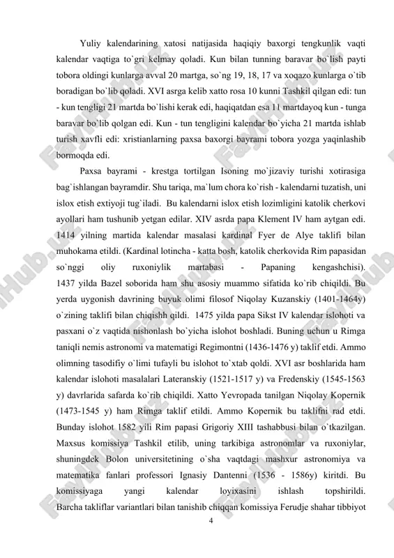 ladi. buning uchun u rimga taniqli nemis astronomi va matematigi regimontni (1436-1476 y) taklif etdi. ammo olimning tasodifiy o`limi tufayli bu islohot to`xtab qoldi. xvi asr boshlarida ham kalendar islohoti masalalari lateranskiy (1521-1517 y) va fredenskiy (1545-1563 y) davrlarida safarda ko`rib chiqildi. xatto yevropada tanilgan niqolay kopernik (1473-1545 y) ham rimga taklif etildi. ammo kopernik bu taklifni rad etdi. bunday islohot 1582 yili rim papasi grigoriy xiii tashabbusi bilan o`tkazilgan. maxsus komissiya tashkil etilib, uning tarkibiga astronomlar va ruxoniylar, shuningdek bolon universitetining o`sha vaqtdagi mashxur astronomiya va matematika fanlari professori ignasiy dantenni (1536 - 1586y) kiritdi. bu komissiyaga yangi kalendar loyixasini ishlash topshirildi. barcha takliflar variantlari bilan tanishib chiqqan komissiya ferudje shahar tibbiyot universiteti o`kituvchisi, italyan matematigi, astronom va vrach aloiziy luidje lilio (1520-1576 y) 1576 yili taklif etgan kalendar islohoti qoidalarini ko`rib chiqdi va ma`qulladi. (bu vaqtga kelib lilio vafot etgan edi). kalendar islohotining maqsadi baxorning boshlanishi kalendardagi 11 …