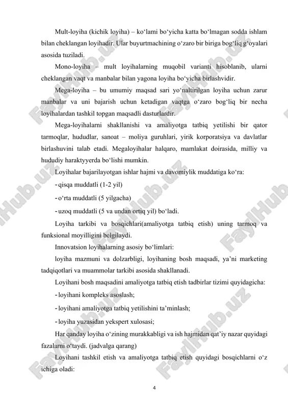 qotlari va rejalashtirish hujjatlarni ishlab chiqish va amaliyotga tatbiq etishga tayyorlash savdo-sotiq amalga oshirish va shartnomalar imzolash loyihani amaliyotga tatbiq etish loyihani yakunlash bashoratni o'rganish (prognozlash) loyiha qidiruv ishlari rejasini ishlab chiqish shartnomalar tuzish loyihani amalga oshirish rejasini ishlab chiqish ishga tushirishga tayyorgarlik ishlari boshlang'ich fikrlar shartlari tahlili va loyiha texnik – iqtisodiy asoslash, topshiriqlarni ishlab chiqish qurilmani yetkazib berish shartnomasi grafik ishlab chiqish obyektni ishga tushurish kontseptsiyasini ishlab chiqish investitsiyani loyiha oldi asoslash tia tasdiqlash, kelishish va ekspertizadan o'tkazish pudrat ishlari shartnomasi ishlarni bajarish natijalar tahlili va manbalarini jalb etish joylashtirish: o'rnini tanlash va kelishuv topshiriqni loyihalashtirishga berish reja tuzib chiqish monitoring va nazorat foydalanish ekologik asoslash ishlab chiqarishni kelishish va tasdiqlash - loyiha rejasiga tuzatma kiritish ishlab chiqarishni rivojlantirish va ta'mirlash ekspertiza investitsiyalash yuzasidan yakuniy qaror qabul qilish - bajarilgan ishlarga haq to'lash loyihani yopish investitsion g‘oyani shakllantirish bosqichlari – bu o‘ylangan harakat rejasidir. bu bosqichda investitsiya obyyekti …