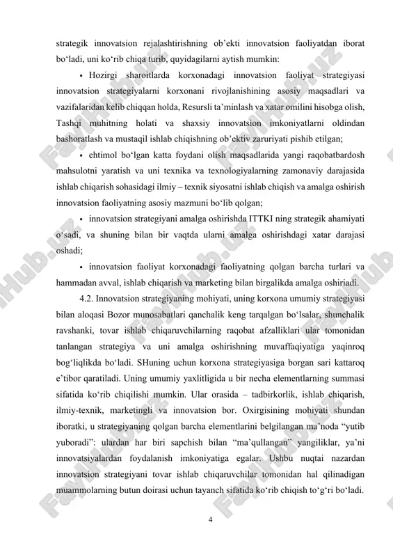 tibor qaratiladi. uning umumiy yaxlitligida u bir necha elementlarning summasi sifatida ko‘rib chiqilishi mumkin. ular orasida – tadbirkorlik, ishlab chiqarish, ilmiy-texnik, marketingli va innovatsion bor. oxirgisining mohiyati shundan iboratki, u strategiyaning qolgan barcha elementlarini belgilangan ma’noda “yutib yuboradi”: ulardan har biri sapchish bilan “ma’qullangan” yangiliklar, ya’ni innovatsiyalardan foydalanish imkoniyatiga egalar. ushbu nuqtai nazardan innovatsion strategiyani tovar ishlab chiqaruvchilar tomonidan hal qilinadigan muammolarning butun doirasi uchun tayanch sifatida ko‘rib chiqish to‘g‘ri bo‘ladi. korxona strategiyasi ilmiy – texnik taraqqiyotni boshqarish strategiyasini shakllantiradi va yo‘lga soladi, ya’ni innovatsion faoliyatning roli, o‘rni, bazasi va ma’nosini belgilab beradi. o‘z navbatida innovatsion strategiya korxona strategiyasini chuqurlashtiradi, aniqlab beradi va amalga oshishiga ko‘maklashadi. u yana maqsadlarga erishish va milliy iqtisodiyot nuqtai nazaridan korxona tashqarisidagi ustuvorliklarni qo‘yishga yordam beradi, masalan: · resurslardan ratsional foydalanishga; · yuqori samarali va qulay sotsial – iqtisodiy natijalarga erishishga; · ishlab chiqarish va noishlab chiqarish tashkilotlarining barcha tarmoqlarida va butun “fan. tadqiqot. konstruktorlik …