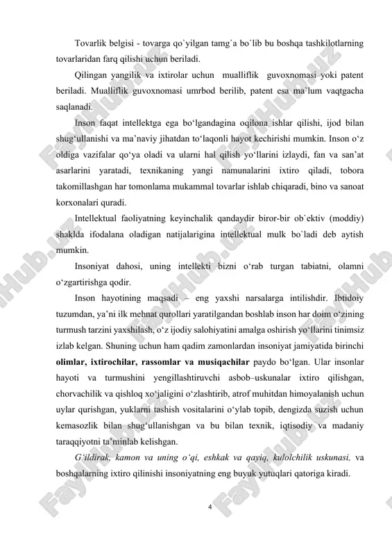 y sababidir. intellektual faoliyatning eng muhim turlari fan, san’at va texnik ijodiyot xalqlar va millatlar, davlat va sivilizatsiyalar rivojining doimiy yo‘ldoshidir. lekin fan va texnika taraqqiyoti ko‘p asrlar mobaynida faqat insoniyat jamiyatining ehtiyojlarini qondirish vositasi bo‘libgina xizmat qilib qolmadi. aksincha, tarixdan ma’lumki, fan va texnikaning rivojlanishi, adabiyot va san’at asarlari aksariyat hollarda teskari ta’sir ko‘rsatib, insoniyat munosabatlarining rivojlanishida asos bo‘lgan va nafaqat ayrim kishilar, balki butun bir davlatlar va sivilizatsiyalar taqdiriga ta’sir etgan. bunday ta’sir ayniqsa xx asrda, ilmiy–texnika inqilobi iqtisodiy va industrial rivojlanishda katta o‘zgarishlarga olib kelgan vaqtda yorqin namoyon bo‘ldi va bugungi kunda jahonda shakllangan iqtisodiy va siyosiy tizimni belgilab berdi. insoniyat jamiyati o‘z boshidan quldorlik, feodalizm, kapitalizm, sotsializmni kechirdi. xxi asrning boshida, asosiy rivojlantiruvchi kuchi raqobat bo‘lgan bozor iqtisodiyoti eng samarali iqtisodiy tizim ekanligi tan olindi. ma’lumki, raqobatsiz rivojlanish bo‘lmaydi, shu bois hozirgi zamonda raqobat kurashi barcha sohalarda, davlatlar, butun bir mintaqalar va iqtisodiy ittifoqlar o‘rtasida yuz …