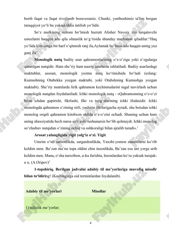 urg‘uning aks etishi; 4) fonetik me’yorlar; 5) grammatik (morfologik va sintaktik) me’yorlar; 6) so‘z yasalish me’yorlari; 7) orfografik me’yorlar; 8) grafik (grafika) me’yorlar; 9) punktuatsion me’yorlar; 2-topshiriq. badiiy adabiyotlardagi nutq odobi haqidagi hikoyatlarni o’qing va ularning tarbiyaviy ahamiyati haqida gapiring. hikoyat bilg’il, men amiralmo‘min zamonida bir yil hajdan qaytib kelib, ganjada harf tutdim..hindistonga ko’p g’azot qilmish erdim, rumga ham yurish qilmoqni o’ylardim. abu suvor ganjada ulug‘ podshoh erdi. ul bag’oyat xushmand, odil, sahiy va fozil kishi erdi. bir kuni meni ko’rub, ko’p hurmat qildi va mening bila so’zlashmoq maqsadinda har turli so’z so’rar va mendin ma'qul javob eshitar erdi. mennng so’zlarim unga ma'qul tushib, ko’p karamlar qilib, menga ko’ngul qo’ydi. men ham uning ehsonlarin ko’rib, unga ko’ngul qo’ydim. shul sabab bila bir necha yil ganjada muqim bo’ldim va hamisha podshohning majlisida hozir erdim. podshoh mendan ham turli so’zlarni so’rar erdi. bir kuni so’z orasiga mening viloyatim tushdi va mendin gurgon …