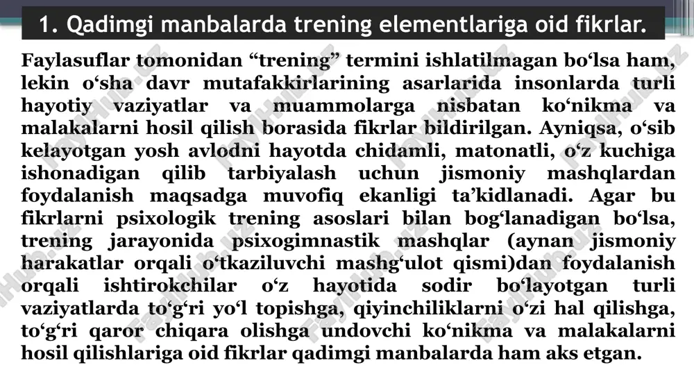 o‘nikmasini shakllantirish lozimligini ham ta’kidlab o‘tadi. bola jamoada o‘qir ekan moslashuvchan, o‘z fikriga ega shaxs bo‘lib kamolga yetadi. allomaning fikriga ko‘ra, bolalar jamoasini o‘qitishni jismoniy mashqlar bilan uyg‘unlikda, birgalikda olib borish zarurdir. chunki bular bolaning barkamol - ham jismonan, ham aqlan yetuk bo‘lishi uchun zarur bo‘lgan omillardir. 2. sharq allomalarining guruhlar bilan bog‘liq fikrlari muslixiddin sa’diy hijriy 580 yilda tug‘ilgan. u o‘zining “guliston” asarida kamolotga intiluvchi shaxs jasurlik, epchillik, chaqqonlik, mardlik xislatlarini o‘zida mujassamlashtirgan bo‘lishi lozimligini ta’kidlaydi. buning uchun inson yoshligidan boshlaboq jismoniy tarbiya va kunlik badan tarbiya bilan shug‘ullanmog‘i zarur. negaki, jismoniy mashqlar insonning yetuklikka, axloqiy kamolot bilan uyg‘un bo‘lishiga olib keladi, deydi. jismoniy yetuklik insonda mustahkam iroda va xarakter xususiyatlarini vujudga keltiradi, deb ta’kidlaydi. 2. sharq allomalarining guruhlar bilan bog‘liq fikrlari muslixiddin sa’diy o‘z hikoyalarida jismoniy jihatdan chiniqishning inson salomatligini ta’minlashda katta ahamiyatga ega ekanligini, shuningdek insonning o‘z kuchi va irodasiga bo‘lgan ishonchi, ko‘ngil xotirjamligi bilan yashash zavqi …