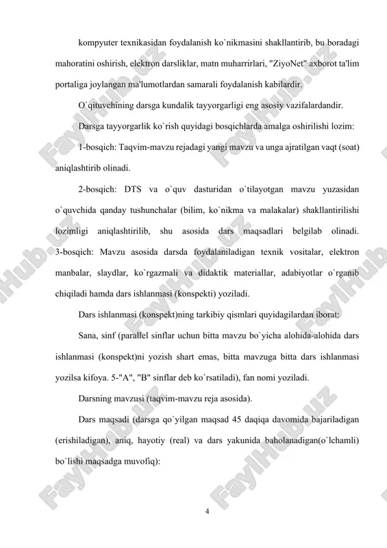 rish; yangi mavzuni mustahkamlash; o`quvchilarni baholash; uyga vazifa berish. dars ishlanmasini tayyorlashda o`qituvchi darsning har bir qismini e'tiborga olishi maqsadga muvofiq. dars ishlanmasi (konspekt) hamma o`qituvchida bo`lishi shart. lekin dars ishlanmasi qanday mazmunda, hajmda va necha varaqdan iborat bo`lishi o`qituvchining dars o`tishdagi o`ziga xos yondashuvidan kelib chiqqani ma'qul. bunda hamma o`qituvchi uchun bir xil chegara, cheklov o`rnatib bo`lmaydi. agarda o`qituvchi dars berayotgan o`quvchilarning o`zlashtirish samaradorligi yuqori bo`lsa, ular turli ko`rik-tanlovlarda yuqori natijalarga erishgan bo`lsa, o`qituvchining dars jarayoniga maktab ma'muriyati va hududiy xalq ta'limi boshqaruvi idoralari xodimlari tomonidan halaqit berishlariga yo`l qo`yilmaydi. dars ishlanmasi (konspekti) qo`lyozma shaklida yoki kompyuterda yozilishi mumkin. dars ishlanmasini kompyuterda yozish uchun esa o`qituvchi, albatta, o`zi kompyuterda ishlashni bilishi lozim. direktorning o`quv-tarbiyaviy ishlar bo`yicha o`rinbosari har bir o`qituvchining dars ishlanmasini ko`rib, tasdiqlash jarayonida ularda darsga kirish uchun quyidagi eng muhim(minimum) hujjatlar bo`lishini nazorat qiladi: dars ishlanmasi (konspekti); taqvim-mavzu reja; o`quv dasturi; darslik. o`qituvchilarning darslarini tahlil qilish - …