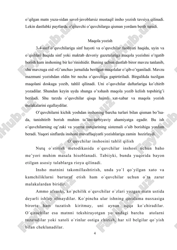 shlash usullari” bo`limidan o`quvchilarni quyidagi zarur bilim, ko`nikma va malakalar bilan qurollantirishni maqsadga muvofiq deb bilamiz: · “ijodiy yozma ish” tushunchasi: rasm asosida hikoya, manzara tasviri, shaxs hayvon, narsa-buyum, voqea-hodisa tasviri. · yozma ishga mavzu tanlash, ayni bir narsa, manzara, voqea, hodisalar asosida turlicha mavzu tanlash; · berilgan mavzu, erkin mavzu; · mavzuni yoritish uchun zarur material, o`quvchining bilimlari, kuzatishlari, taasurotlari, mushohadalari, qiyos va o`xshatishlari, xulosa va hukmlari. · yozma ishning rejasi. · mavzuni yoritishda mazmun izchilligi xat boshi tushunchasi. · yozma ish matni ustida qayta ishlash, qoralama nusxada so`zlar ustida ishlash. · matnning uslubi ustida ishlash. · ishni oqqa ko`chirish. · ishni tekshirilgach, xatolar ustida ishlash yo`llari. o`quvchilar inshosini baholashda quyidagilar hisobga olinadi: 1. insho mavzusining yoritilishi. (mazmun mavzuga mosmi, ya’ni yetarli yoritilganmi, haqiqatga mos keladimi?) 2. reja, kompozitsiya, izchillik. (reja to`g`ri tuzilganmi, materialni bayon qilish tartibi rejaga mos keladimi, mazmunda takror yo`qmi.) 3. janri, uslubi. 4. insho hajmi. …