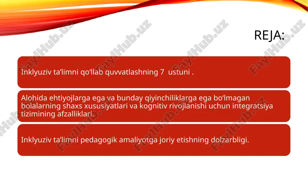 bilan turli o’yinlarda ishtirok etib rivojlanadilar; - jismoniy tarbiya darslarida shaxmat-shashka o’yinlari, turli sport musobaqalarida vaqtni kuzatuvchi hakam yoki darvozabon bo’lishlari mumkin; - do’stona muhitda do’st orttiradilar; - turli ko’ngilochar va bayramona dasturlarda ishtirok etadilar. boshqa bolalar esa; - do’stona muhitni yaratadilar; - 9 - - maxsus ehtiyojli bolalarga g’amho’rlik qiladilar,ularni turli o’yinlarga jalb qiladilar; - sinf tadbirlarida ishtirok etadilar; - tozalik va ozodalikni ta’minlaydilar; - jamoa oldida ma’suliyat hissini rivojlantiradilar; - didaktik va o’yin vositalarini tayyorlashda birgalikda ishtirok etadilar; - o’qituvchi va tarbiyachilar bolalarni bir-birlarining ichki dunyolarini tushunishga o’rgatadilar; - har bir bolaning qobiliyati va imkoniyatini hisobga oladilar; - har bir bolada hayotiy malaka va mustaqillikni shakllantiradilar; - ishlarni tahlil qiladilar va baholaydilar; - ota-onalarga amaliy yordam ko’rsatadilar; - barcha bolalarga birdek bilim berib, tarbiyalaydilar; demak; inklyuziv ta’lim maxsus ehtiyojli, nogiron bolalar ham faqat maxsus maktablarda emas, balki sog’lom bolalar o’qiydigan umumta’lim maktablarida ham ta’lim-tarbiya olishlari mumkin ekanligini e’tirof …