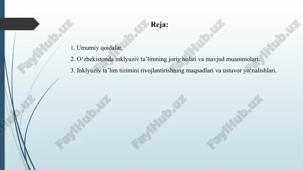 hun uskuna va jihozlar bilan ta’minlashga qaratilgan chora-tadbirlarni amalga oshirish; alohida ta’lim ehtiyojlari bo‘lgan bolalarni o‘qitish uchun inklyuziv ta’lim tizimini tashkil etish, umumta’lim muassasalarini maxsus moslamalar (ko‘tarish qurilmasi, pandus, tutqich va boshqalar), shuningdek tegishli kadrlar (maxsus pedagog, bolalarni ruhiy-pedagogik kuzatish bo‘yicha mutaxassislar) bilan ta’minlash; jamoatchilik o‘rtasida alohida ta’lim ehtiyojlari bo‘lgan bolalarning bilim olish huquqi, inklyuziv o‘qitishning mazmun-mohiyati haqida tushuntirish ishlarini olib borish; o‘quvchilarning jismoniy va aqliy talab-ehtiyojidan va ta’lim muassasalarining geografik joylashuvidan kelib chiqqan holda alohida ta’lim ehtiyojlari bo‘lgan bolalar o‘qitiladigan ta’lim muassasalarini optimallashtirish; alohida ta’lim ehtiyojlari bo‘lgan bolalarning moslashishi va integratsiyasi uchun maktab-internatlarni bosqichma-bosqich maxsus jihozlar bilan ta’minlash; alohida ta’lim ehtiyojlari bo‘lgan har bir bolaning inklyuziv ta’lim olish huquqini ta’minlashga qaratilgan chora-tadbirlarni amalga oshirish kabi vazifalar belgilangan. bundan tashqari, “zamonaviy maktab”larni qurishda ushbu maktablarda alohida ta’lim ehtiyojlari bo‘lgan bolalarni o‘qitish uchun zarur shart-sharoitlarni yaratish, ular uchun maxsus infratuzilma bo‘lishi va jihozlanishini ta’minlash maqsadida inklyuziv ta’limni tashkil etish bo‘yicha “zamonaviy …