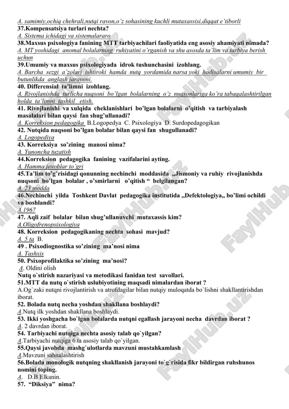 da qollaydi a. 6-7 yoshli bola 24. jismoniy rivojlanish va sog’lom turmush tarzini shakllantirish sensomotorika kichik sohasida bolalarning bilim va ko’nikmagalariga qanday talablar qo’yiladi. a. bola sezgi organlari yordamida o’z harakatlarini boshqarishga qodir boladilar 25. o'zbekiston respublikasi vazirlar mahkamasining “matkatbgacha ta'lim tashkiloti faoliyatini yanada takomillashtirish chora-tadbirlari to'g'risida” qarori qachon va qaysi son bilan tasdiqlangan. a. 2019 yil 13 maydagi 391-sonli 26. umumiy tipdagi davlat va nodavlat maktabgacha ta'lim tashkilotlari to'g'risidagi nizom qaysi qaror asosida tasdiqlangan. a. 2019 yil 13 maydagi 391-sonli 27. vazirlar mahkamasining 2019 yil 13 maydagi 391-sonli qarorining 2-ilovasi bilan qaysi nizom tasdiqlangan. a. makatgacha ta'lim tashkilotlaridagi qisqa muddatli guruhlar to'g'risidagi nizom. 28. mtm qaysi hujjatga asosan mtt deb nomlangan. a. 2019 yil 13 maydagi 391-sonli qaror asosida 29. mtt boshqaruv organlari? a.pedagogik kengash hamda kuzatuv kengashi 30. mtt ni rivojlantirishning ustuvor yunalishlarini qaysi kengash belgilaydi. a. mtt ning kuzatuv kengashi 31.maxsus pedagogika fanining yo’nalishlarini ayting. a.oligofrenopedagogika, tiflopedagogika,surdopedagogika,logopediya,murakkab …