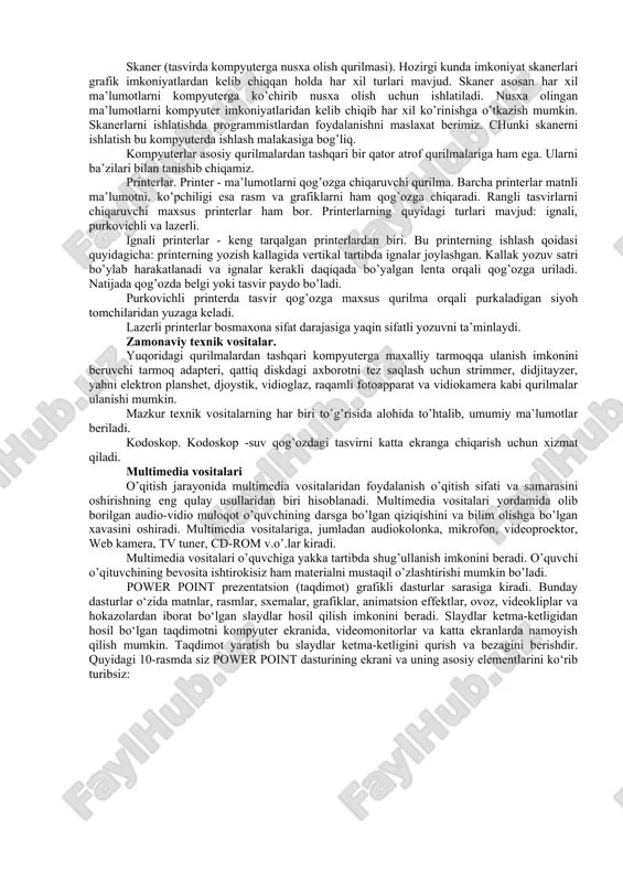 alari bilan ishlash. video yoki audio multimedia vositalarini kompyuterda juda ko’p dasturlar orqali ishlatiladi. video, audio bilan ishlovchi dasturlar katoriga, jumladan, windows media player, winamp va boshqalar kiradi. windows media player dasturini ishlatishni kurib utamiz. windows urnatilgan barcha kompyuterlarda windows media player dasturi windows bilan birgalikda o’rnatilgan bo’ladi. windows media player dasturini ishga tushirish uchun windowsning pusk tugmasi bosiladi, keyin bosh menyudagi programmq menyu ostidan standartnqe qismiga kiriladi va windows media player ishlatiladi. · ilgari qo’yilgan narsani ochish paytida ekranda "o’ng?ltig" (bekor) degan xabar paydo bo’lishi mumkin. bu kompyuterning noto’g'ri qo’shilganidan yoki saqlab qo’yilgan narsa noto’g’ri saqlab qo’yilganidan darak beradi. · "reset" funktsiyasi bu proyektsiya ko’rsatkichida faqatgina "rgb-standart modusi"da ishlaydi. videoko’z-qog’ozdagi yoki tayyorlangan o’quv materiallardagi barcha tasvir, tekst, jadvallarni ekranga chiqarish uchun xizmat qiladi. videoko’zdan olingan tasvirni kompyuterga rasm, videolavxa ko’rinishda ko’chirib olish yoki to’g’ridan –to’g’ri videoproektor orqali ekranga chiqarish mumkin. tuzilishi: · korpus · tok manbasiga ulash uchun shnur …