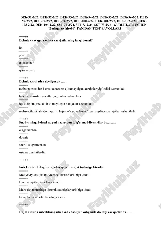 ngan moliyaviy-xo`jalik faoliyatini rejalashtirish usuli ===== buxgalteriya boshqaruv xodimlari faoliyatini samarali tashkil etishga yo`naltirilgan, bo`linmalar daromadlari to`g’risidagi ma’lumotlarni umumlashtiradigan hisob ob’ekti ===== korxonaning byudjet davridagi kapital xarajatlari va uzoq muddatli moliyaviy qo`yilmalari rejasi +++++ mahsulot tannarxini kalkulyatsiyalashning buyurtmali usuli deganda nimani tushunasiz? ===== hamma asosiy xarajatlar kalkulyatsiya moddalari bo`yicha xar bir ishlab chiqarish buyurtmasi uchun alohida hisoblanadi ===== mahsulot ishlab chiqarish bilan bog’lik tugri va egri xarajatlar kalkulyatsiya moddalari bo`yicha hisoblanadi ===== mahsulot ishlab chiqarish bilan bog’lik tugri va egri xarajatlar kalkulyatsiya moddalari bo`yicha hisoblanadi ===== mashinasozlik hamda metallni qayta ishlash korxonalarida qullaniladi +++++ nizomga muvofiq foizlar ko`rinishidagi xarajatlar qaysi xarajat turlariga kiradi? ===== favqulotda zararlar tarkibiga kiradi ===== mahsulot tannarhiga kiruvchi xarajatlar tarkibiga kiradi ===== davr xarajatlari tarkibiga kiradi ===== moliyaviy faoliyat bo`yicha xarajatlar tarkibiga kiradi +++++ boshqaruv hisobi qanday vazifani bajaradi? ===== qonun, nizom va standartlarga tayangan holda tuzilgan hisob siyosatiga muvofiq sub’ekt faoliyatining hisobini yuritadi ===== standartlarga …