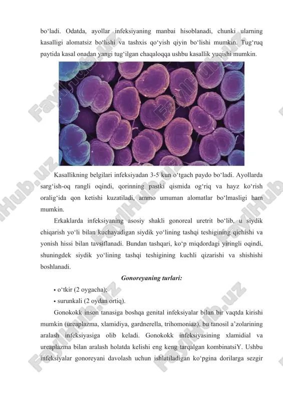 hqi teshigining kuchli qizarishi va shishishi boshlanadi. gonoreyaning turlari: · o‘tkir (2 oygacha); · surunkali (2 oydan ortiq). gonokokk inson tanasiga boshqa genital infeksiyalar bilan bir vaqtda kirishi mumkin (ureaplazma, xlamidiya, gardnerella, trihomoniaz), bu tanosil a’zolarining aralash infeksiyasiga olib keladi. gonokokk infeksiyasining xlamidial va ureaplazma bilan aralash holatda kelishi eng keng tarqalgan kombinatsiy. ushbu infeksiyalar gonoreyani davolash uchun ishlatiladigan ko‘pgina dorilarga sezgir emasligini hisobga olsak, qo‘shimcha laboratoriya tekshiruvlari va uzoqroq terapiyani talab etiladi. gonokokk infeksiyasi quyidagi kasalliklarni keltirib chiqarishi mumkin: · uretrit · proktit · stomatit · faringit · ko‘zning gonoreya kasalligi gonoreya asoratlari · erkaklarda eng ko‘p uchraydigan asorat moyak qisminin yallig‘lanishi — epididimitdir. · ayollarda gonoreyaning eng ko‘p uchraydigan asoratlari bu ayollarning bepushtligining asosiy sabablaridan biri bo‘lgan bachadon va tuxumdonlarning yallig‘lanish kasalliklari. shu bilan birga, bachadon spirali va hayz ko‘rish bachadon va tuxumdonlarning yallig‘lanish kasalliklari xavfini oshiradi. · gonokokklarning boshqa organlarga tarqalishi bilan tarqalgan gonokokk infeksiyasi paydo bo‘ladi. …