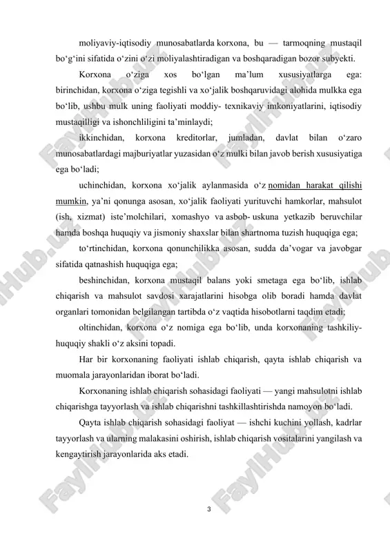 . muomala sohasidagi faoliyat esa ishlab chiqarishning moddiy- texnikaviy ta’minotini tashkillashtirish, mahsulot (ish, xizmat)larni sotish va foydalanilgan ishlab chiqarish vositalarining daromad shaklida qaytib kelishida ko‘zga ko‘rinadi. bozor iqtisodiyoti sharoitida korxonalar faoliyatining asosiy yo‘nalishlari quyidagilar hisoblanadi: bozor va uning rivojlanish istiqbollarini kompleks ravishda o‘rganish yordamida, xaridorlarning mahsulot va xizmat turlariga mavjud va yuzaga kelishi mumkin bo‘lgan talablarini aniqlash; mahsulotning yangi modellari va namunalarini yaratish bo‘yicha ilmiy tadqiqot faoliyatini tashkil qilish; xaridorlar talablariga mos keluvchi tovarlarni ishlab chiqarish; ishlab chiqarishni rejalashtirish, dasturlash, muvofiqlashtirish va moliyalashtirish; mahsulotni taqsimlash va sotish tizimini tashkil qilish va uni mukammallashtirish; korxonaning barcha faoliyatini, jumladan, ishlab chiqarish, sotish, reklama, texnik xizmat ko‘rsatish va hokazolarni boshqarish. albatta, zamonaviy korxonalarning ko‘p qirrali faoliyati yuqorida sanab o‘tilgan yo‘nalishlar bilangina cheklanib qolmaydi. amaliyotda ular fan-texnika taraqqiyoti va davlat tomonidan amalga oshirilayotgan iqtisodiy siyosatning yangi talablari bilan to‘ldirilishi mumkin. biroq, yuqorida aytib o‘tilganlardan qat’i nazar, xo‘jalik rivojlanishining har bir bosqichida korxonalar faoliyati quyidagi …