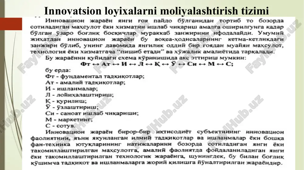 vjud. bu yo'l bilan kredit resurslaridan foydalanish jarayonida yuzaga keluvchi iqtisodiy xarajatlar birmuncha tejab qolinadi. qimmatli qog'ozlarning qo'shimcha emissiyasi miqdorini aniqlash uchun quyidagi ko'rsatkichlar e'tiborga olinadi: ● innovatsion loyihani amalga oshirish uchun moliyaviy resurslar hajmi; ● kapital va dividend miqdorining kutilayotgan o'sish hajmi; ● aktsiyalarning joylashtirilishi natijasida emitent tomonidan olinishi kutilayotgan pul tushumlari hajmi. innovatsion loyihalarni venchur asosida moliyalashtirishning dastlabki bosqichlardanoq yuqori tavakkalchilik xatari mavjud bo'lib, investitsiyalashtirilgan jarayonlarning yakuniy natijalari amalga oshirilgandan keyin ijobiy samaraga erishilmagan taqdirda moliyalashtirilgan mablag'lardan ajralib qolish holati kuzatilishi mumkin. venchur kapitalining investorlari barcha mas'uliyat va moliyaviy xatarlarni tadbirkor bilan teng sheriklikda o'z zimmalariga oladilar. venchurli investitsiyalar odatda 5-7 yil davomida faoliyat ko'rsatadi. innovatsion loyihani amalga oshirishni moliyaviy mablag'lar bilan ta'minlashning quyidagi bosqichlari farqlanadi: 1) fondni (jamg'armani) yaratish; 2) kelishuvlarni amalga oshirish (shartnomalarni imzolash); 3) investitsiyalash; 4) investitsiyalashdan keyingi boshqaruv; 5) biznesdan chiqish jarayonini boshqarish moliyaviy lizing mulkni, bevosita moliyaviy ijara ob'ektini kelishilgan shartnomaga binoan o'n …