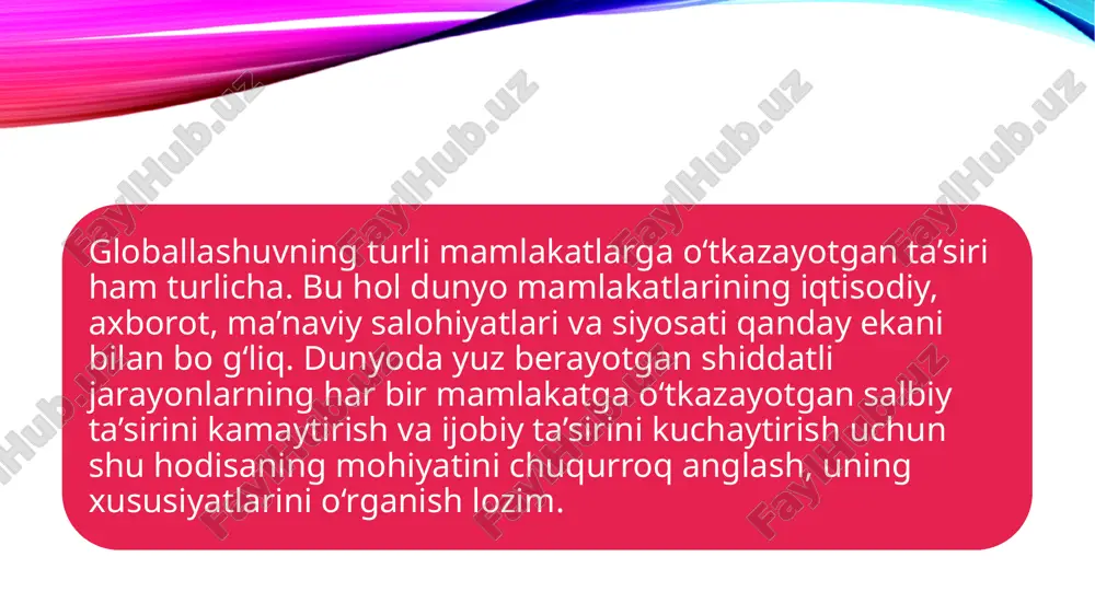 anubiy amerika changalzorlarida turmush kechirayotgan qabilalar ham qo‘shni qabilalar va zamonaviy tamaddun ta’sirini o‘zida his qilib turadi. qolaversa tarixni tahlil qilish boshqa xalqlar ma’naviyatidan bahramand bo‘lgan xalqlar ma’naviyati yuksakliklarga ko‘tarilgandan guvohlik beradi. o‘rta osiyo xalqlari madaniyati va ma’naviyati ham sharq va g‘arbni tutashtirgan karvon yo‘llarida joylashgani sababli ham sharq, ham g‘arb madaniyatidan bahramand bo‘lgan. muhimi shundaki, xalqimiz g‘arb va sharq ma’naviyatidan bahramand bo‘lib ularning ijobiy tomonlarini o‘zlashtiribgina qolmay, ularga ijodiy yondashib yangi cho‘qqilarga ko‘tarishdi. bu fikrning tasdig‘ini ma’naviyatning tarkibiy qismlari bo‘lgan ilmiy bilimlar, diniy e’tiqod, san’at misolida ham ko‘rish mumkin. faqat vatanimiz emas, umumjahon madaniyati tarixidan mustahkam o‘rin egallagan allomalarimiz ijodi ham shu fikrni tasdiqlaydi. masalan, ana shunday ajdodlarimizdan biri abu rayhon beruniy xitoy va hindiston, yunoniston va rim falsafasini, tabiiy fanlarini chuqur o‘zlashtirgan edi. hindistonda bo‘lgan paytida u hind fani va madaniyatini o‘rganar ekan, qadimgi manbalarni o‘rganish uchun qadimgi hind tili-sankritni bilish lozimligini anglaydi. u sanskritni o‘rganishga kirishadi va …