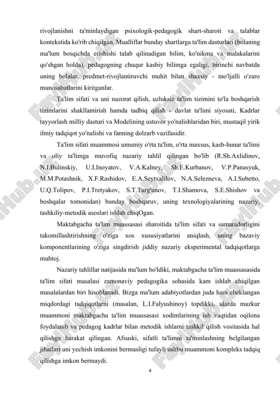 m adabiyotlardan juda ham cheklangan miqdordagi tadqiqotlarni (masalan, l.i.falyushinoy) topdikki, ularda mazkur muammoni maktabgacha ta'lim muassasasi xodimlarining ish vaqtidan oqilona foydalanib va pedagog kadrlar bilan metodik ishlarni tashkil qilish vositasida hal qilishga harakat qilingan. afsuski, sifatli ta'limni ta'minlashning belgilangan jihatlari uni yechish imkonini bermasligi tufayli ushbu muammoni kompleks tadqiq qilishga imkon bermaydi. maktabgacha ta'lim jarayoni sifat va samaradorligining o'zi ham maxsus tadqiq qilinmagan. o'tgan asrning 90-yillari t.n.qori niyoziy nomidagi o'zpfitining ilmiy xodimlari o.l.rnyazeva, m.rasulova, r.b.stirkina, e.g.yudinaning maktabgacha ta'lim davlat ta'lim standartini (1994), so'ngra maktabgacha ta'limga qo'yiladigan davlat talablarini ishlab chiqishga bag'ishlangan (1999) ishlari e'lon qilingan bo'lib, sifat, ta'lim jarayonida tadbiq qilinishi bola rivojlanishni ta'minlaydigan psixologik-pedagogik shart-sharoit va talablar kontekstida ko'rib chiqilgan. mualliflar bunday shartlarga ta'lim dasturlari (bolaning ma'lum bosqichda erishishi talab qilinadigan bilim, ko'nikma va malakalarini qo'shgan holda), pedagogning chuqur kasbiy bilimga egaligi, birinchi navbatda uning bolalar, predmet-rivojlantiruvchi muhit bilan shaxsiy - mo'ljalli o'zaro munosabatlarini kiritganlar. keyinroq bir qator olimlarning …