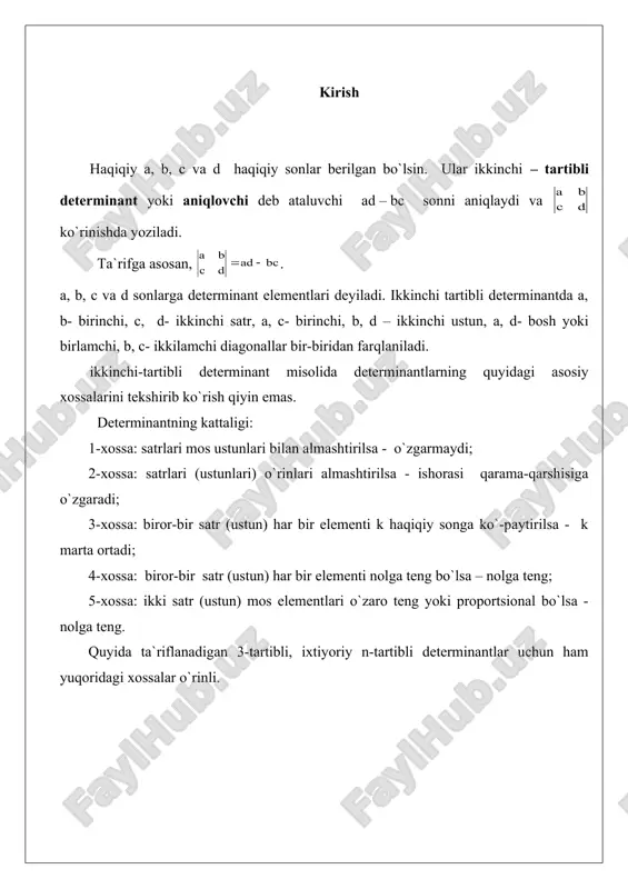 b topgan. (1) ifodaning standart deyilishiga sabab, uning har bir hadida ko`paytuvchi elementlar birinchi indeks - satr nomerining o`sish tartibida joylashtirilgan. ikkinchi indeks ustun nomerlari esa qu-yidagi tartibda joylashgan: (2) (3) (2) va (3) 1, 2 va 3 sonlarining o`rin almashtirishlaridir. (1, 2, 3) tartiblangan o`rin almashtirishga asosiy o`rin almashtirish deyiladi. agar o`rin almashtirishda uning ikki aniq elementlari o`rinlari almash-tirilsa, ushbu elementlar transpozitsiyalangan deyiladi. transpozitsiyalanganda o`rin almashtirish tizimi boshqasi bilan almashinadi. masalan, agar biror-bir o`rin almashtirish tizimi asosiysidan bir necha n1, n2, va hokazo transpozitsiyalash usullari bilan hosil qilingan bo`lsa, ushbu son-lar ayni vaqtda yoki juft yoki toq sonlar ekanligini ta`kidlash muhimdir. o`rin almashtirish tizimi asosiysidan juft (toq) sondagi transpozitsiyalar yordamida olingan bo`lsa, mos ravishda juft (toq) deyiladi. j = (j1, j2, j3 ) o`rin almashtirish tizimi berilgan bo`lsin. bu yerda, j1, j2, j3 - 1, 2 va 3 sonlarining tanlangan biror-bir tartibi. t(j)- asosiy (1, 2, 3) o`rin almashtirishdan …