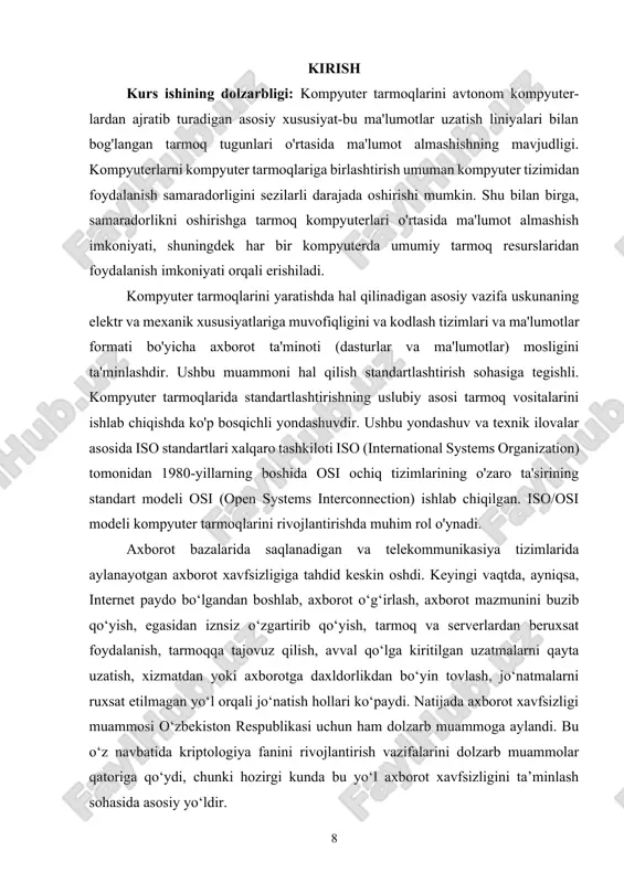 iyalarini aniqlash osi va ushbu qatlamlarning axborot xavfsizligini tahlil qilishdir. belgilangan maqsadga erishish uchun quyidagi o'zaro bog'liq vazifalarni hal qilish kerak: · osi modelining umumiy tuzilishini o'rganish; · har bir darajaning funktsional xususiyatlarini va ularning bir-biri bilan o'zaro munosabatlari tamoyillarini aniqlash; · umumiy mumkin bo'lgan tahdidlarni aniqlang; i bob. osi modelining tuzilishi va xususiyatlariosi 1.1 modelning umumiy tuzilishi zamonaviy tarmoqlar ko'p darajali printsip asosida qurilgan. ikki kompyuterning aloqasini tashkil qilish uchun avval ularning o'zaro ta'siri uchun qoidalar to'plamini yaratish, ularning aloqa tilini aniqlash, ya'ni ular yuborgan signallar nimani anglatishini aniqlash va ushbu qoidalar va ta'riflar protokollar deb ataladi. tarmoqlarning ishlashi uchun siz juda ko'p turli xil protokollarni to'plashingiz kerak: masalan, jismoniy aloqani boshqarish, tarmoq orqali aloqa o'rnatish, turli manbalarga kirish va boshqalar. ochiq osi tizimlarining o'zaro ta'siri modeli aynan shunday ko'p darajali tuzilishga egaosi. bu erda ochiq tizim qabul qilingan va yuborilgan xabarlarning formati, mazmuni va qiymatini belgilaydigan standart qoidalardan …