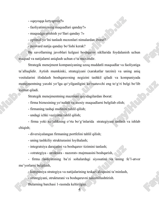 tiqbolni belgilash; 2) umumiy maqsadlarni ishning aniq yo‘nalishlariga aylantirish; 3) ko‘zlangan ko‘rsatkichlarga erishish uchun tanlangan rejani moxirona amalga oshirish; 4) tanlangan strategiyani samarali ijro etish; 5) bajarilgan ishni baxolash, bozordagi vaziyatni taxlil qilish, faoliyatning uzoq muddatli asosiy yo‘nalishlariga, maqsadlarga, strategiyaga yoki uni amalga oshirish usullariga tuzatishlar, yangi g‘oyalar kiritish . 1-rasm. strategik menejmentning mazmuni firma biznesining yo'nalishi va asosiy maqsadlari. ichki taxlil tashqi taxlil strategik tanlov xo'jalikning o'rta bo'g'inlaridagi strategiya va tarmoq tuzilishi firma darajasidagi strategiya. (vertikal integratsiya, diversifikatsiya, global strategiya) xo'jalikning o'rta bo'g'inlari portfeli taxlili, kirish va chiqish strategiyasi. tashkiliy boshqaruv va nazoratni tanlash tashkiliy tuzilmani tanlash majarolar, siyosatlar va ularning o'zgarishi strategiya, tuzilishi va tarkibi qayta aloqa a) kompaniya strategiyasining asosiy masalasi quyidagicha: «kompaniyamizni biz qanday tasavvur qilamiz, nima qilmoqchimiz va nimaga erishmoqchimiz ?» «biz kimmiz, nima qilyapmiz va qayoqqa ketyapmiz»- degan savolning javobi firmaning yo‘nalishini belgilab, kuchli o‘ziga xoslikni ishlab chiqish imkonini beradi. kompaniya nima qilayotgani va …