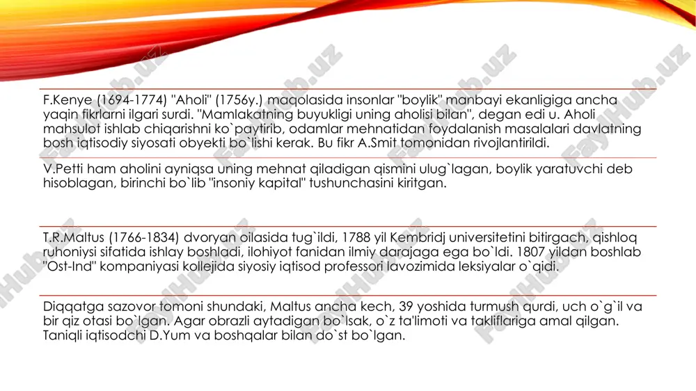 ogiyasining yangiligi va ahamiyati shundaki, undan milliy iqtisodiyotni rivojlantirish va qashshoqlik sabablarini aniqlash va undan chiqish uchun amaliy xulosalar chiqarish mumkin, yashash minimumi sifatida belgilanadigan tirikchilik vositalari va aholi o`sish soni o`rtasidagi oddiy nisbatni isbotlashga harakat qilinadi. m. blaugning ta'kidlashicha, maltus bo`yicha insoniy jamiyatni sotsial qonunlar (sotsial islohotlar) yordamida har qanday ongli takomillashtirishga urinish yengib bo`lmas insonlar om-masi tomonidan surib tashlanadi va shu sababli har bir odam o`zi haqida o`zi jon kuydirmog`i va o`zining xatolari uchun to`la javob berishi kerak. aholi nufuzi nazariyasi maltus go`yoki tarixiy manbalarga asoslanib, insoniyatning ni-hoyatda tez o`sganligini isbotlashga urinadi. bu o`sish tirikchilik vositalari, kamchiligi kasalliklar, urushlar, chaqaloqlarni o`ldirish, tug`ilishni ixtiyoriy tartibga solish yo`li bilan sekinlashtiril-maganda ahvol bundan ham yomon bo`lar ekan. maltus tabiat bilan hamohang o`simlik va hayvonlarning cheksiz ko`payishi va yashash uchun kerakli mablag`lar o`sishi yo`nalishlarini tadqiq etadi. agar insonlar har 25 yilda ikki marta ko`payib, geometrik progressiya asosida ortib borsa (1, 2, 4, …