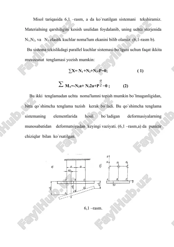 bor. 1. xavfli nagruzkalar usuli. 2. ruxsat etilgan kuchlanishlar usuli 3. chegaraviy holat bo`yicha hisoblash. 1. xavfli nagruzkalar usuli. bu usulda mustahkamlik sharti siaftida inshootga ta'sir qiladigan eng katta nagruzka ruxsat etilgan qiymat (r) dan oshib ketmasligi kerakligi talabi qo`yiladi. ruxsat etilgan nagruzka xavfli nagruzkaning mustahkamlikning extiyot koeffisiyenti deb ataladigan biror koeffitsiyent (n>1) ga bo`lingan qiymatiga teng: rmax (6) bunday markaziy cho`zilish yoki siqilishda xavfli kuch quyidagi tenglamadan topiladi. rx (7) mo`rt materiallar uchun oquvchanlik chegarasi o`rniga mustahkamlik chegarasini olish mumkin: rxf (8) ruxsat etilgan kuchlanishlar usuli bu usulda sterjenda paydo bo`ladigan eng katta kuchlanish ruxsat etilgan qiymatdn ortib ketmasligi talab etiladi. ruxsat etilgan normal kuchlanish ( ) bilan belgilanadi. masalan cho`zilishda mustahkamlik sharti quyidagi ko`rinishga ega: (9) haqiqiy kuchlanishni ruxsat etilgan qiymatga teng deb taxlil qilsak,quyidagiga ega bo`lamiz: ; ruxsat etilgan kuchlanish xavfli kuchlanish ni mustahkamlikning extiyot koeffisiyenti n ga bo`lingan qiymatiga teng: ; (10) 3. chegaraviy holatlar usuli. …