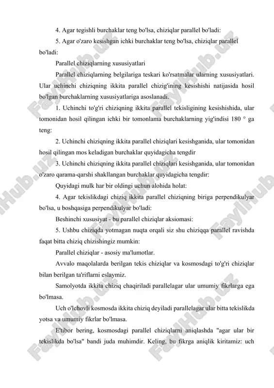 shda bitta chiziq o'tadi. ushbu bayon haqiqat sifatida qabul qilinadi (uni planimetriyaning ma'lum aksiomalari asosida isbotlab bo'lmaydi) va u parallel chiziqlar aksiomasi deb ataladi. kosmosdagi holat uchun quyidagi teorema mavjud: kosmosda berilgan chiziqda yotmaydigan har qanday nuqta orqali berilgan chiziqqa parallel ravishda yagona chiziq o'tadi. ushbu teorema yuqoridagi parallel chiziqlar aksiomasi yordamida osonlikcha isbotlangan (siz buni isbotini 10-11 sinf geometriya darsligida topishingiz mumkin, u maqolaning oxirida havolalar ro'yxatida ko'rsatilgan). kosmosdagi holat uchun quyidagi teorema mavjud: kosmosda berilgan chiziqda yotmaydigan har qanday nuqta orqali berilgan chiziqqa parallel ravishda yagona chiziq o'tadi. ushbu teorema yuqoridagi parallel chiziqlar aksiomasi yordamida osonlikcha isbotlangan. chiziqlar parallelligi - parallelizmning belgilari va shartlari. parallel chiziqlar belgisi parallel chiziqlar uchun etarli shart, ya'ni bajarilishi parallel chiziqlarni kafolatlaydigan shart. boshqacha qilib aytganda, ushbu shartning bajarilishi chiziqlar parallel ekanligini tasdiqlash uchun etarli. samolyotda va uch o'lchovli kosmosda chiziqlarning parallelligi uchun zarur va etarli sharoitlar mavjud. keling, "parallel chiziqlar uchun zarur …