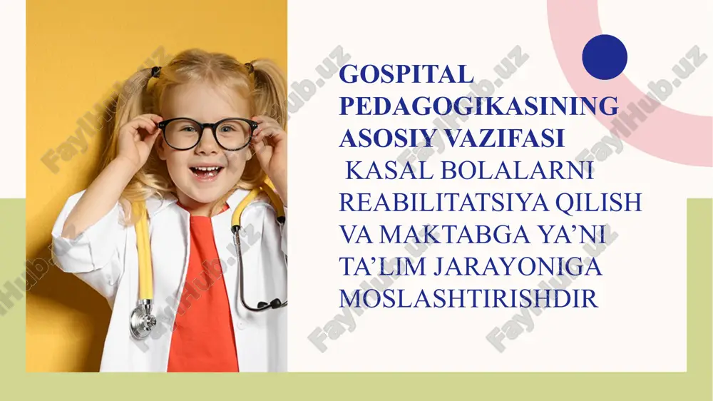 tlar ko'rsatish, davolash, tibbiyot, xirurgiya va boshqa tibbiy xizmatlarni taqdim etish, diagnostik tadbirlar olib borish va kasalliklarni oldini olishni maqsad qiladi bu fan o’z vazifasiga, o'ziga xos uslubiy va didaktik texnikaga ega bo'lishi kerak. kasal bolani psixologik, tibbiy va pedagogik reabilitatsiya qilish quyidagilarni o'z ichiga oladi: 1. bolani kasalxonada yoki uyda davolash; 2. uni kasalxona maktabida o'qitish; 3. psixologik, tibbiy va pedagogik tuzatish; 4. ota-onalarning yordami; 5. ijtimoiy yordam; 6. bolani uyda o'rgatish; 7. uni o'rta maktabga moslashtirish. 16 17 o'qituvchi sog'liq muammolari bo'lgan bolalarning individual xususiyatlarini hisobga olishi kerak. saraton kasalligiga chalingan bolalar, ayniqsa, individual yondashuvga muhtoj. o'rganish uchun ijobiy motivatsiya shubhasizdir. buni xorijiy tajriba ham tasdiqlaydi. masalan, essen shahridagi (germaniya) onkologiya klinikasida uch nafar pedagog va fan o‘qituvchilari: kimyo-biologiya, fizika-matematika, ona tili va chet tili, adabiyot fanlari o‘qituvchilari faoliyat ko‘rsatadigan maktab mavjud. faqat uchta o'qituvchi. o'qituvchilar tushdan keyin sinflarda yoki bemorning yotoqxonasida mashg'ulotlar olib boradilar. o'qituvchilar shunday psixologik …