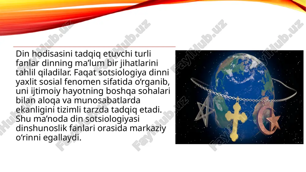 anglash mumkin bo‘ladi; — falsafiy-mantiqiy metod yo‘nalishi dinning kishilar ongida aks etishi, diniy qadriyatlar, ramzlar va tushunchalarni falsafiy fanlarning ob’yekti hamda jamiyatning sosial-ma’naviy fenomeni tariqasida tadqiq etishga qaratiladi. bunday mazmundagi tahlilda tadqiqot ob’yekti bo‘lib nafaqat din, balki unga ta’sir ko‘rsatayotgan tabiiy va sosial muhit ham namoyon bo‘ladi. yuqorida ilgari surilgan xulosalarga qo‘shimcha tarzda yana shuni ilova qilish mumkinki, din haqidagi ta’limotlar va ularning tamoyillari diniy (konfessional) va nodiniy (konfessional bo‘lmagan); me’yoriy, deskriptiv (izohlovchi) va tarixiy shakllarga bo‘linadi. 1 diniy ta’limotlar talqini teologlar va diniy dunyoqarashga ega bo‘lgan tadqiqotchilar tomonidan taqdim etiladi. ularning fikricha, dinni tushunish asosida diniy e’tiqod yotishi kerak. diniy bilimning mohiyati faqat e’tiqodli kishilar uchun ma’lum bo‘ladi. tadqiqotchining diniy ko‘nikmalari diniy bilishni rivojlantirish uchun alohida va qimmatli materiallarni berishi mumkin. 2 nodiniy ta’limotlar, aksincha, boshqa tamoyillarga tayanadi va bu ta’limotlarning mualliflari ilm-fanning yutuqlaridan foydalanib, dinning turli hodisalarini yanada chuqurroq bilish imoniyatlariga ega bo‘ladilar. bunda ulardagi diniy e’tiqodning yetishmasligi …