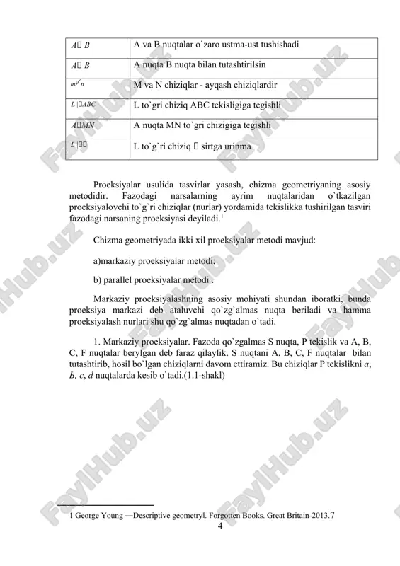 lsevier ltd. great britain-2010.195 ] ortogonal proeksiyalar metodi (monj epyuri) narsalarni bir-biriga perpendikulyar ikkita tekislikdagi to`gri burchakli proeksiyalari bilan tasvirlash metodi ortogonal proeksiyalar metodi deyiladi. ortogonal so`zi – to`gri burchakli degan so`z bo`lib, ortogonal proeksiyalar termini bundan keyin bir-biriga perpendikulyar ikkita tekislikdagi to`gri burchakli proeksiyalarni ko`rsatish uchungina ishlatiladi. geometriya nuqtai nazardan olganda, har qanday narsani fazoda ma`lum tartibda joylashgan nuqtalar, chiziklar va sirtlarning yi`gindisi deb qarash mumkin. shu sababli, fazoviy shakllarni tasvirlash usullarini o`rganishni, ya`ni ularning proeksiyalarini yasashni eng oddiy elementlar: nuqtalar, chiziqlar va x.k. larning alohida tasvirlarini o`rganishdan boshlash ma`quldir. fazoda bir-biriga perpendikulyar bo`lgan uchta tekislik olamiz. bu tekisliklarning birini gorizontal, ikkinchisini 23rdinate (frontal) va uchinchisini oldingilariga nisbatan perpendikulyar ravishda olib, uni profil tekislik deb nomlaymiz. gorizontal proeksiyalar tekisligi (n) frontal proeksiyalar tekisligi (v) bilan kesishib, ox o`qini hosil qiladi, frontal proeksiyalar tekisligi (v) profil proeksiyalar tekisligi (w) bilan kesishib oz o`qini hosil qiladi, gorizontal proeksiyalar tekisligi (n) profil …